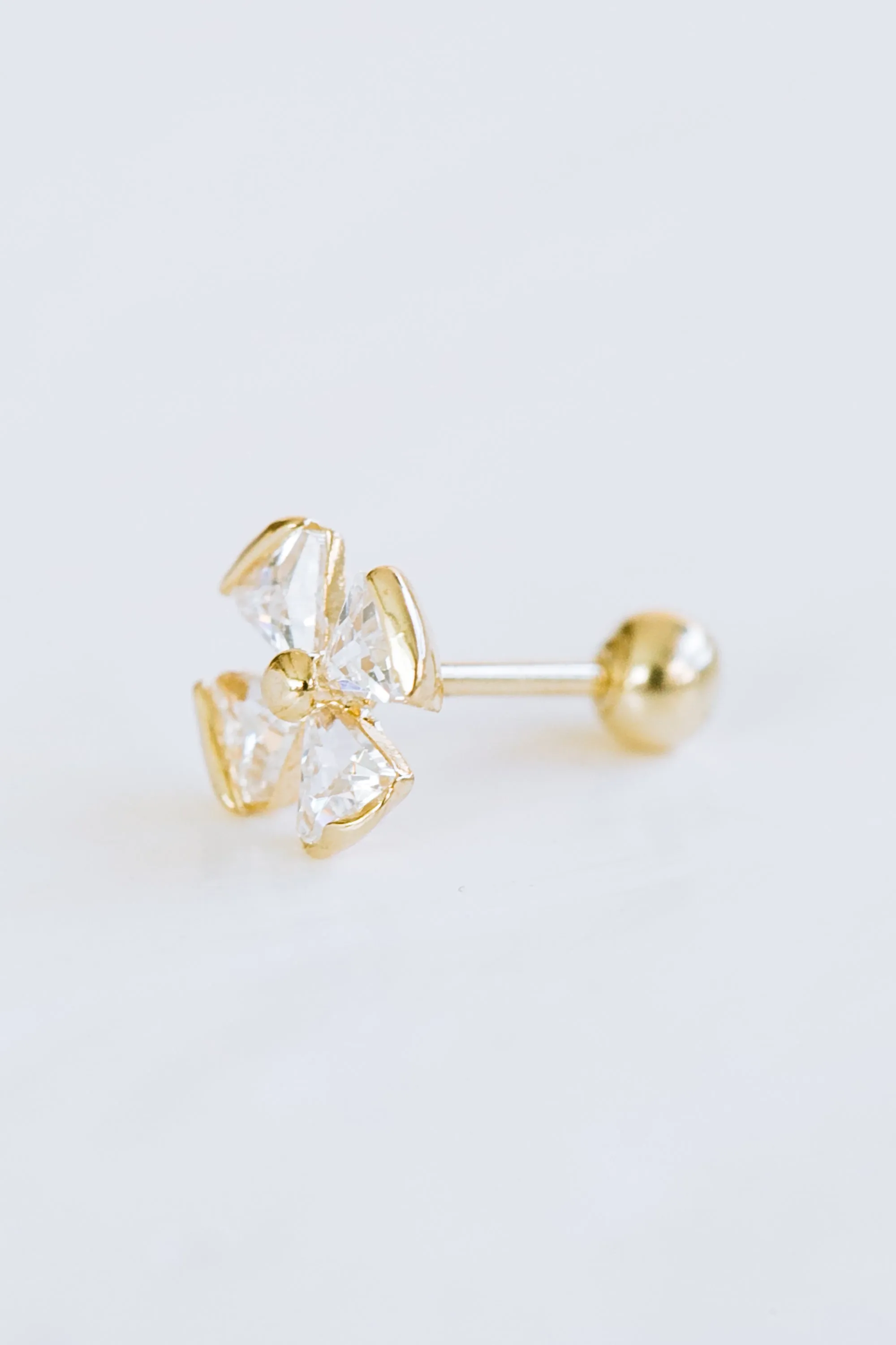 14K GOLD JEWELRY MINIMALIST DELICATE CZ CLOVER FLOWER BARBELL EAR STUD EARRING PIERCING