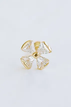 14K GOLD JEWELRY MINIMALIST DELICATE CZ CLOVER FLOWER BARBELL EAR STUD EARRING PIERCING