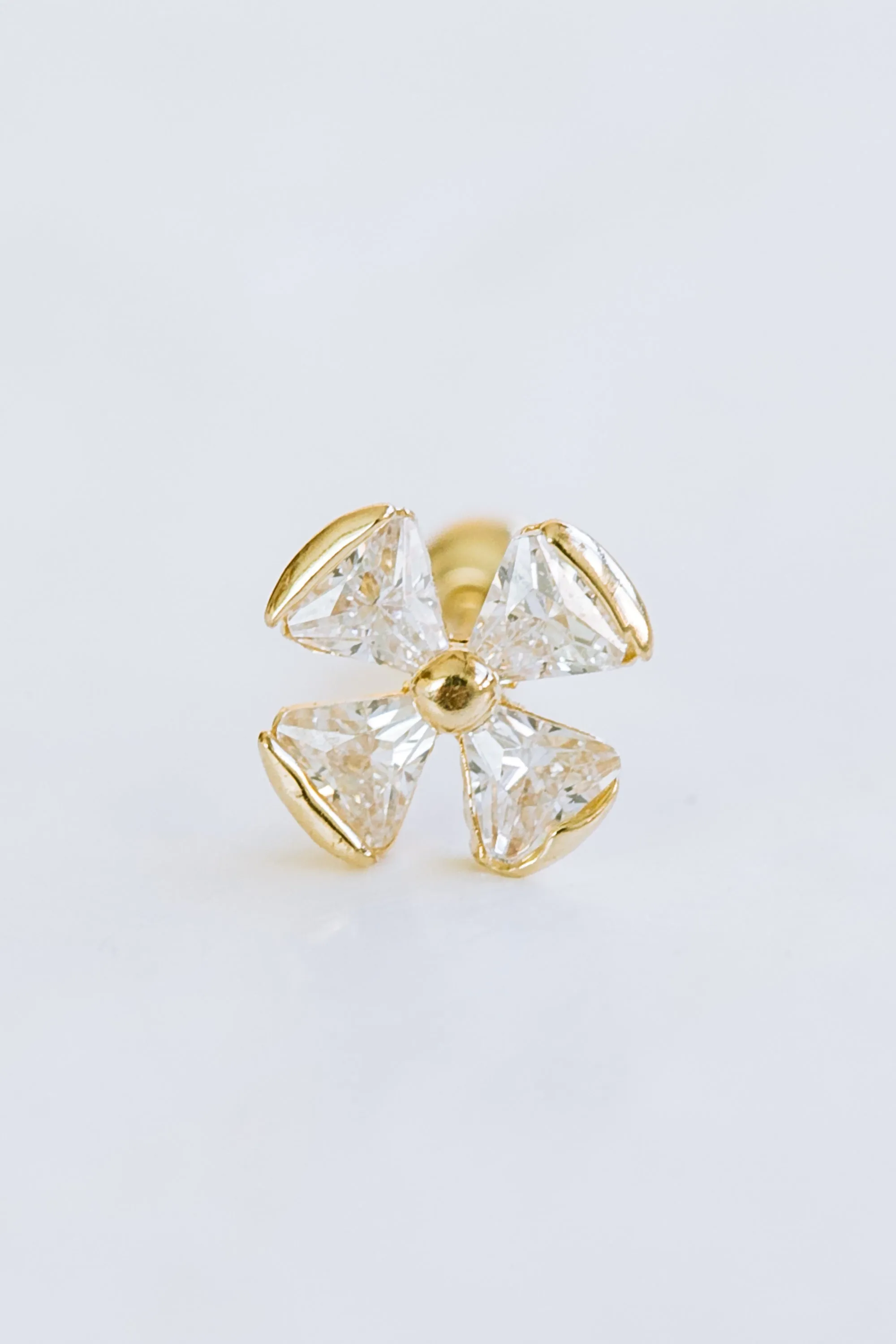 14K GOLD JEWELRY MINIMALIST DELICATE CZ CLOVER FLOWER BARBELL EAR STUD EARRING PIERCING