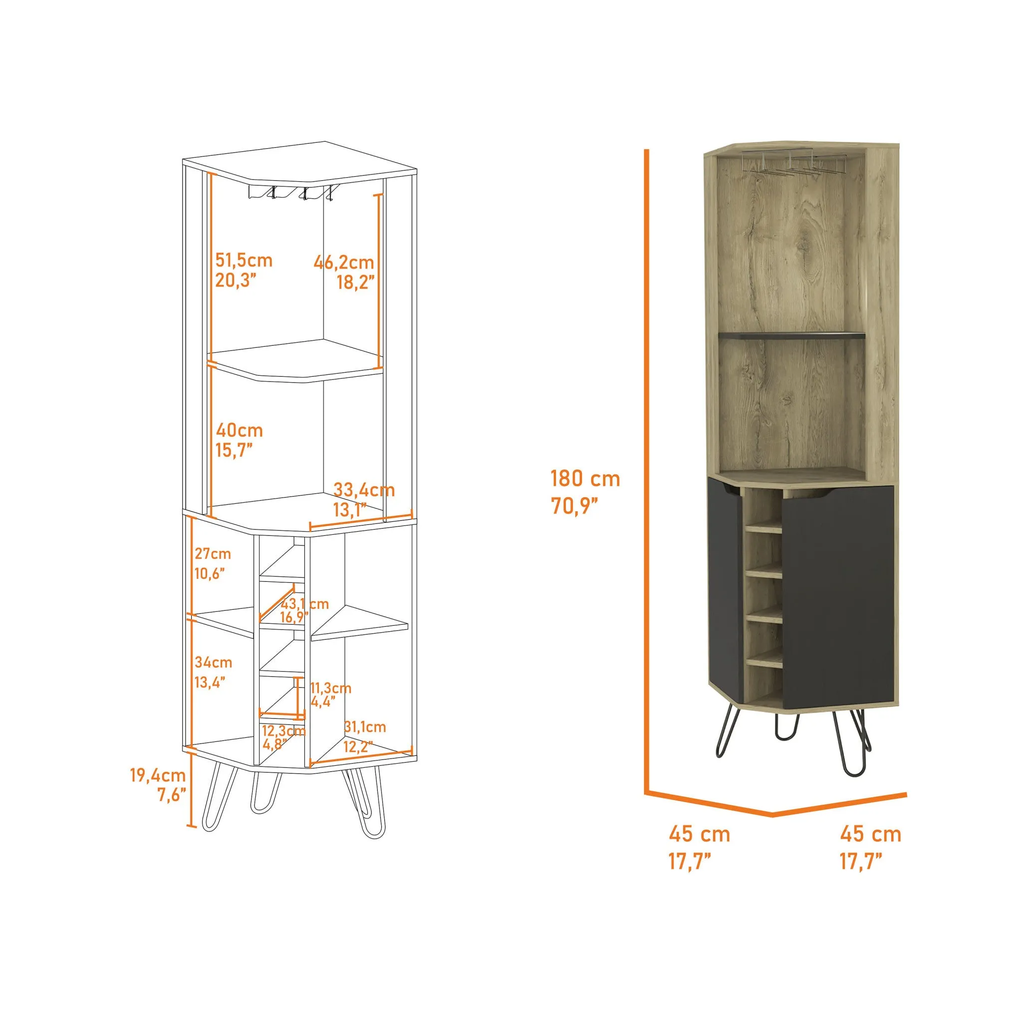 18 Brown and Black and Brown Corner Bar Cabinet With Eleven Shelves