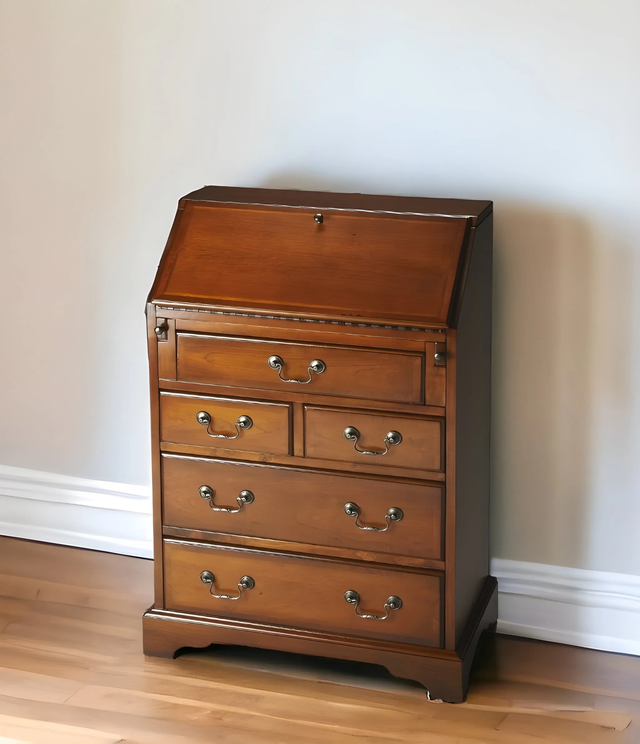 26 Brown Rubberwood Wood Secretary Desk With Five Drawers