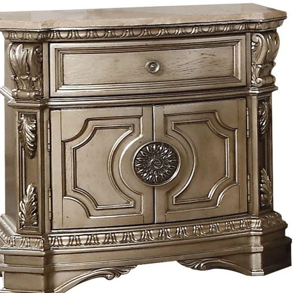 29 Champagne One Drawer Faux Marble and Solid Wood Nightstand With Storage