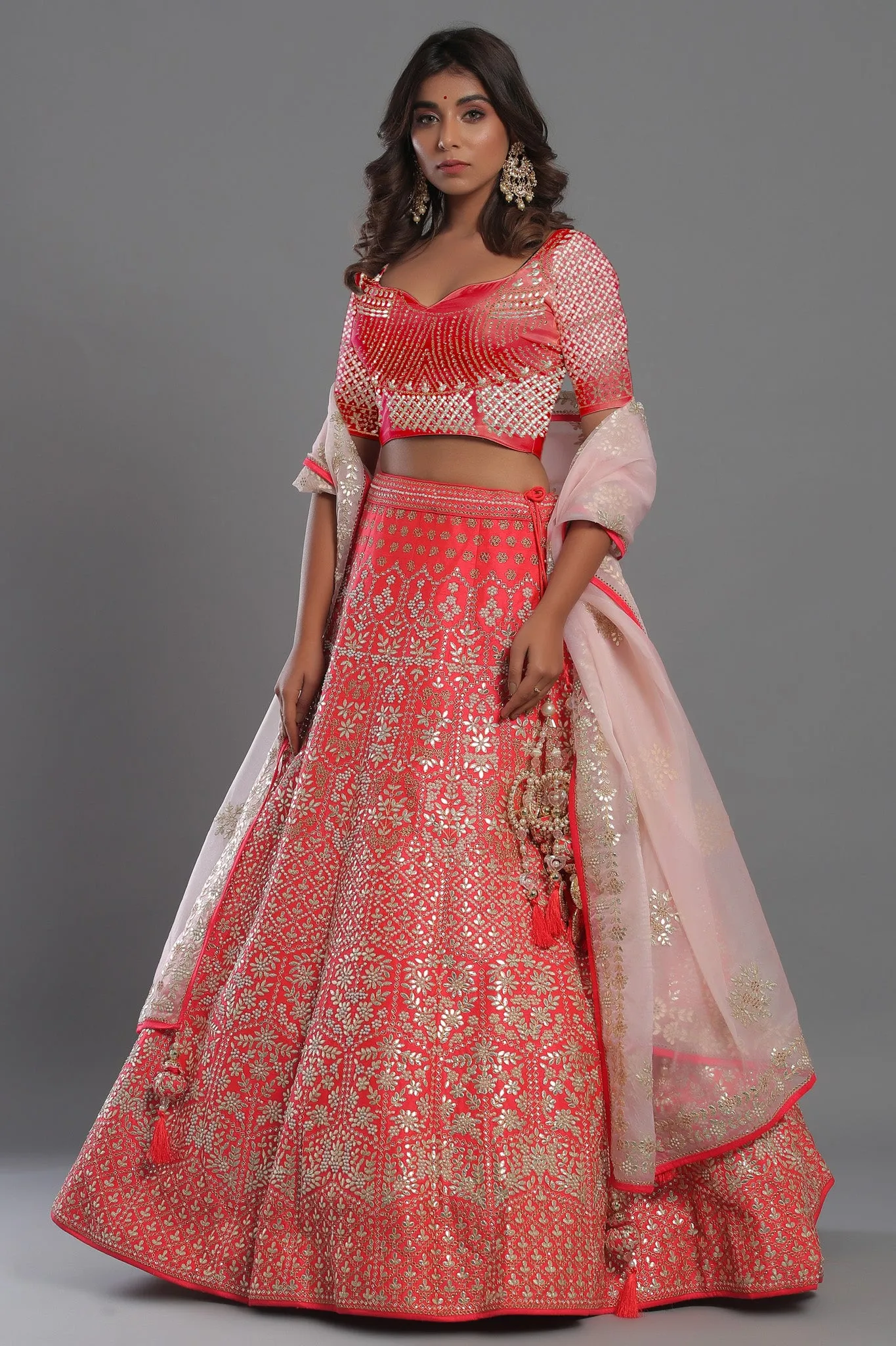 30Z220-RO Red Heavily Embroidered Lehnenga Set With Net Dupaatta