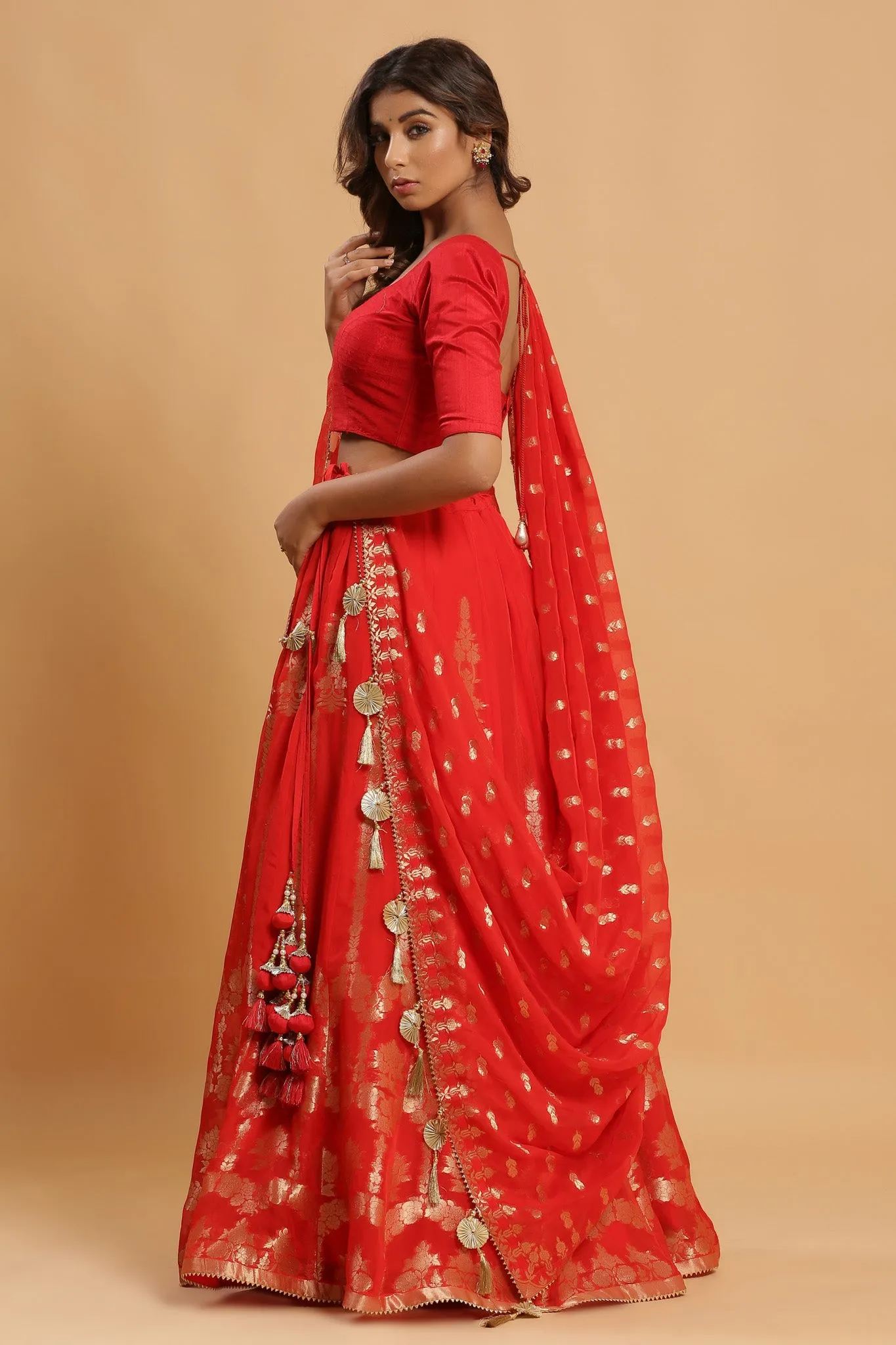 30Z224B-RO  Orange Lehenga Set With Zari Embroidery