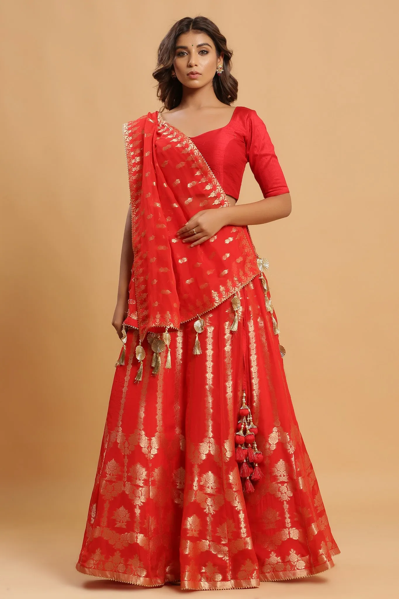 30Z224B-RO  Orange Lehenga Set With Zari Embroidery