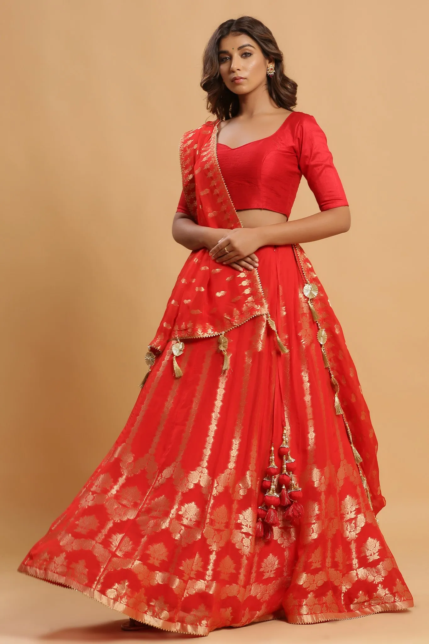 30Z224B-RO  Orange Lehenga Set With Zari Embroidery