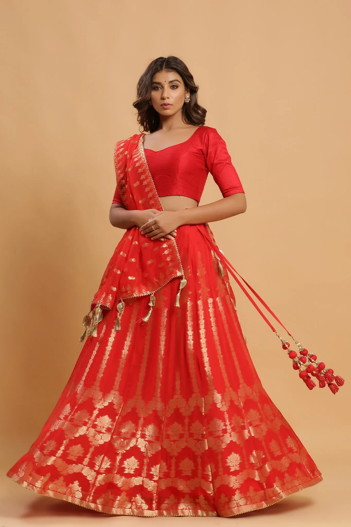 30Z224B-RO  Orange Lehenga Set With Zari Embroidery