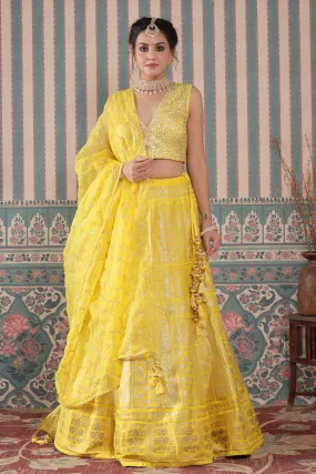 30Z239-RO Yellow Heavy Zari Embroidered Silk Lehenga Set