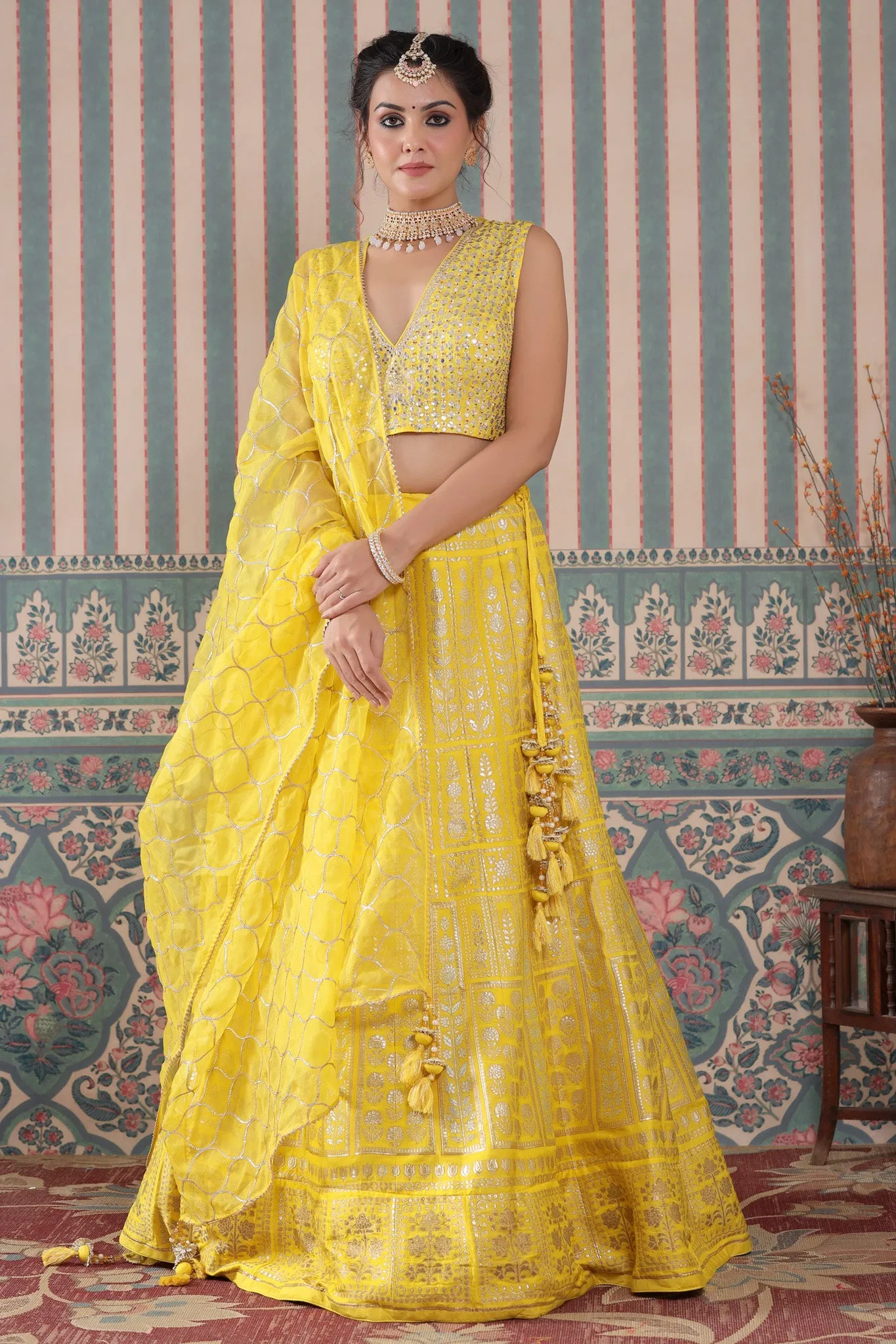 30Z239-RO Yellow Heavy Zari Embroidered Silk Lehenga Set