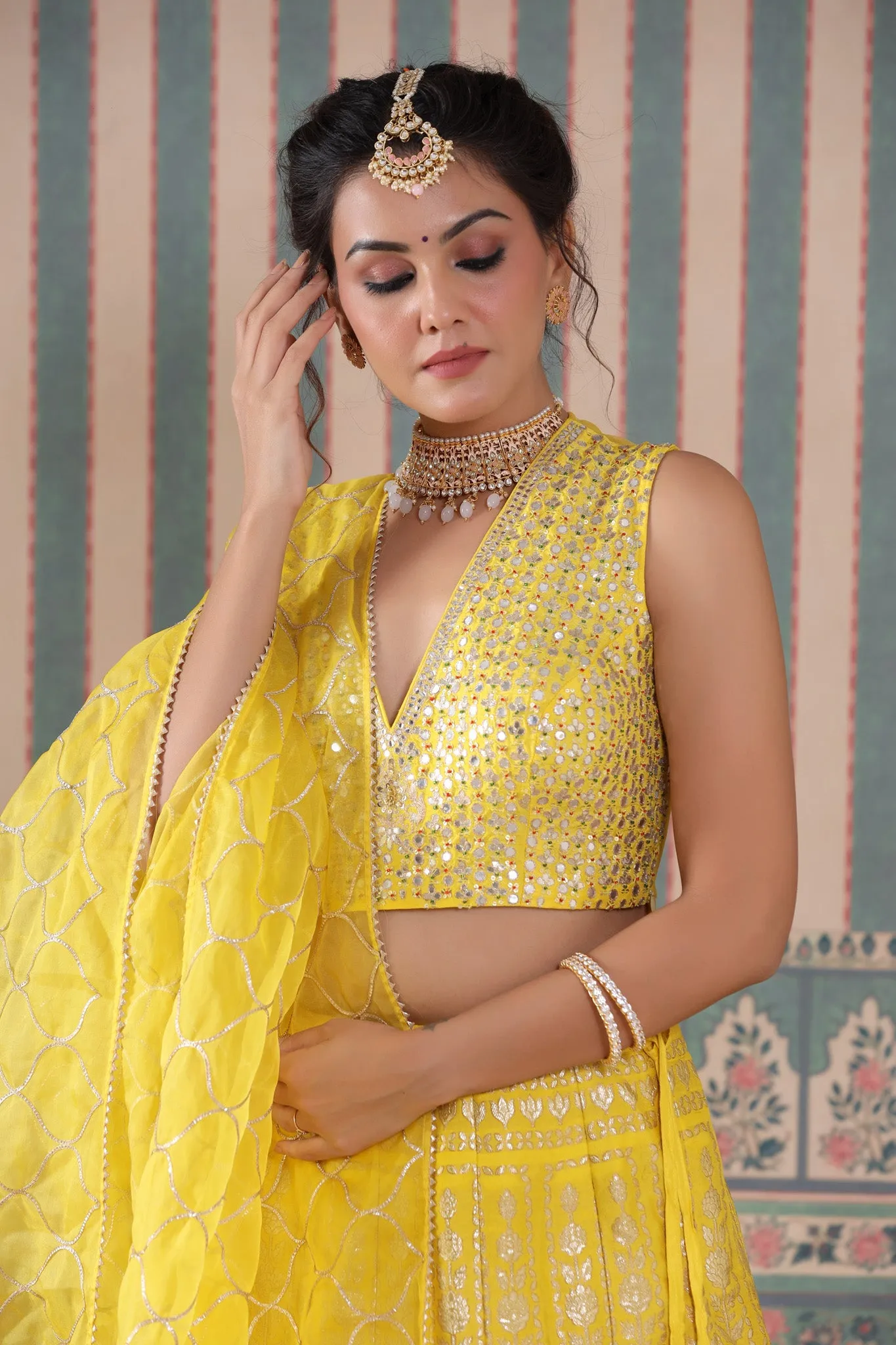 30Z239-RO Yellow Heavy Zari Embroidered Silk Lehenga Set