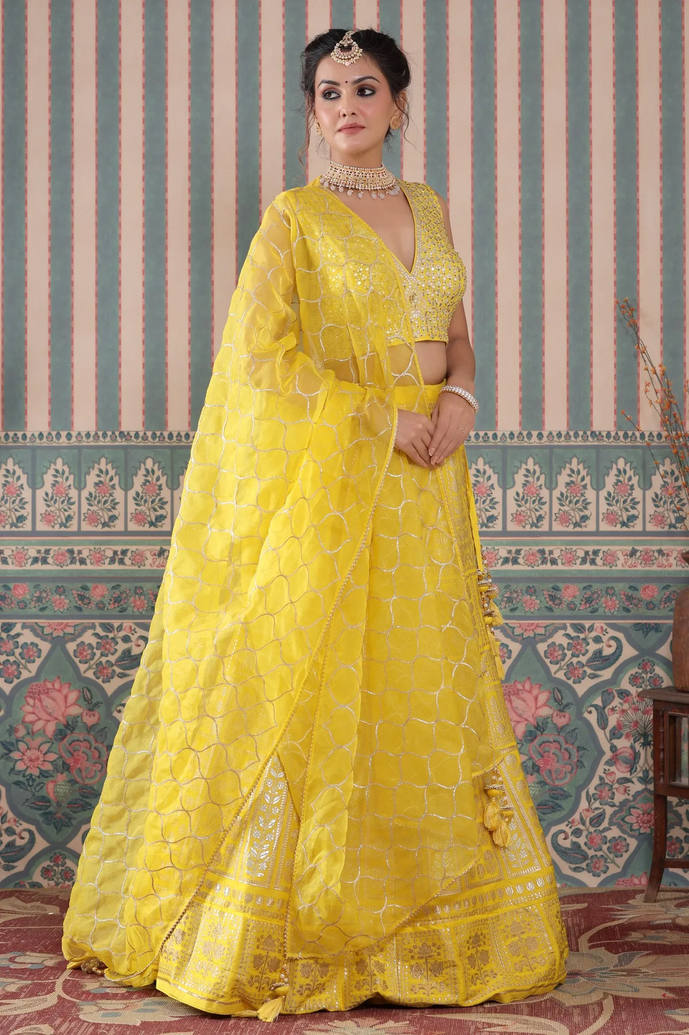 30Z239-RO Yellow Heavy Zari Embroidered Silk Lehenga Set