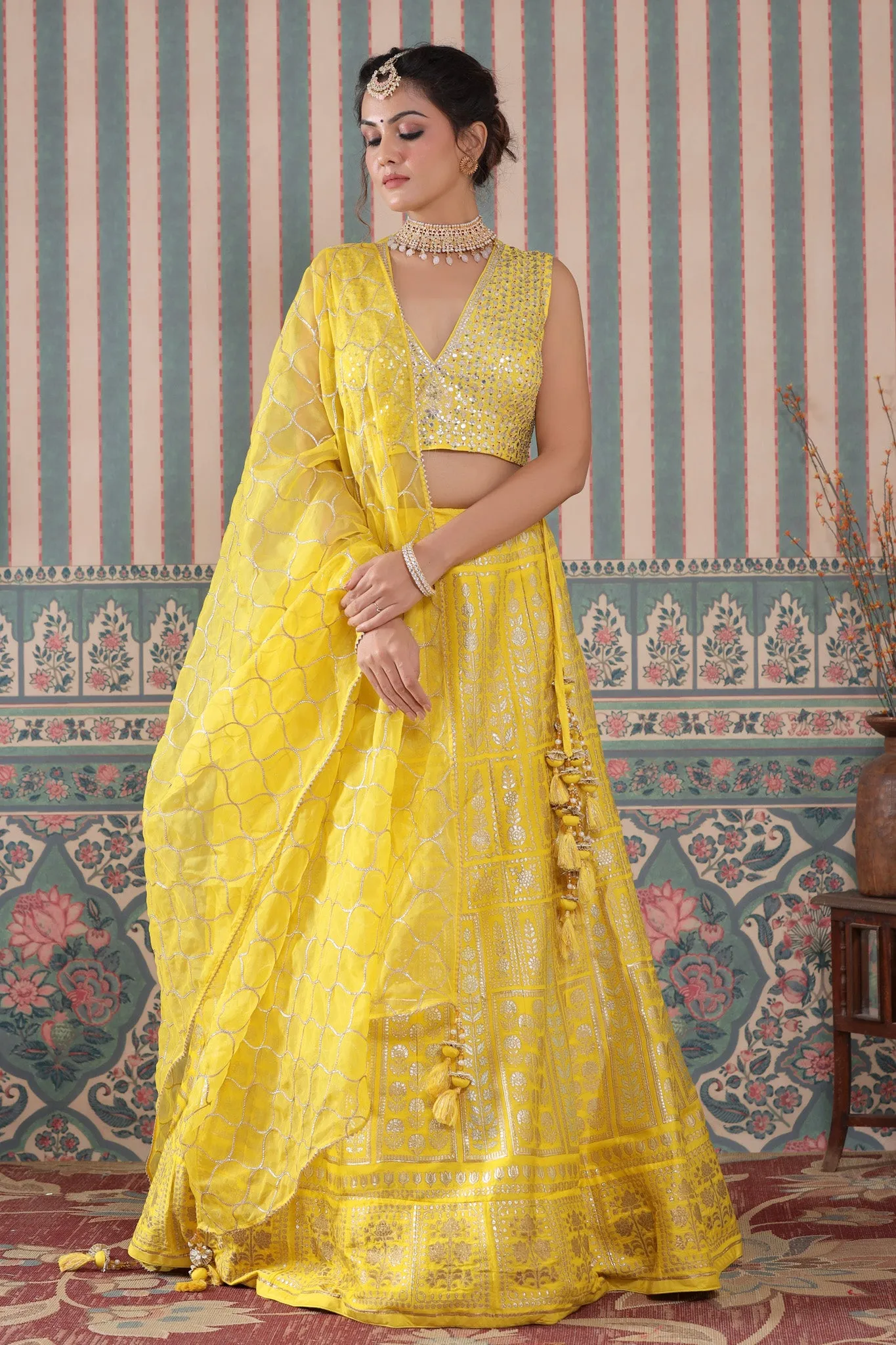 30Z239-RO Yellow Heavy Zari Embroidered Silk Lehenga Set