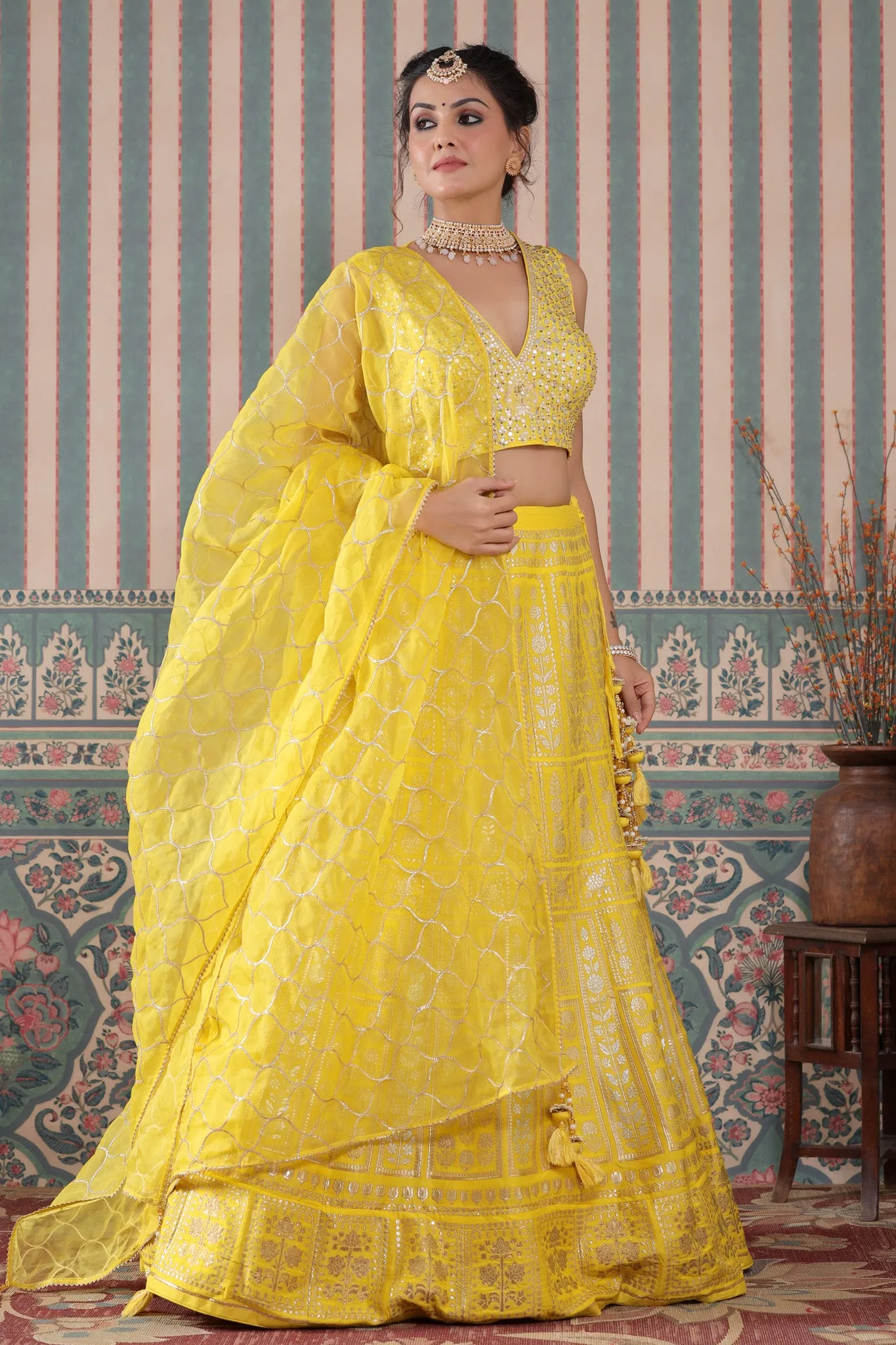 30Z239-RO Yellow Heavy Zari Embroidered Silk Lehenga Set