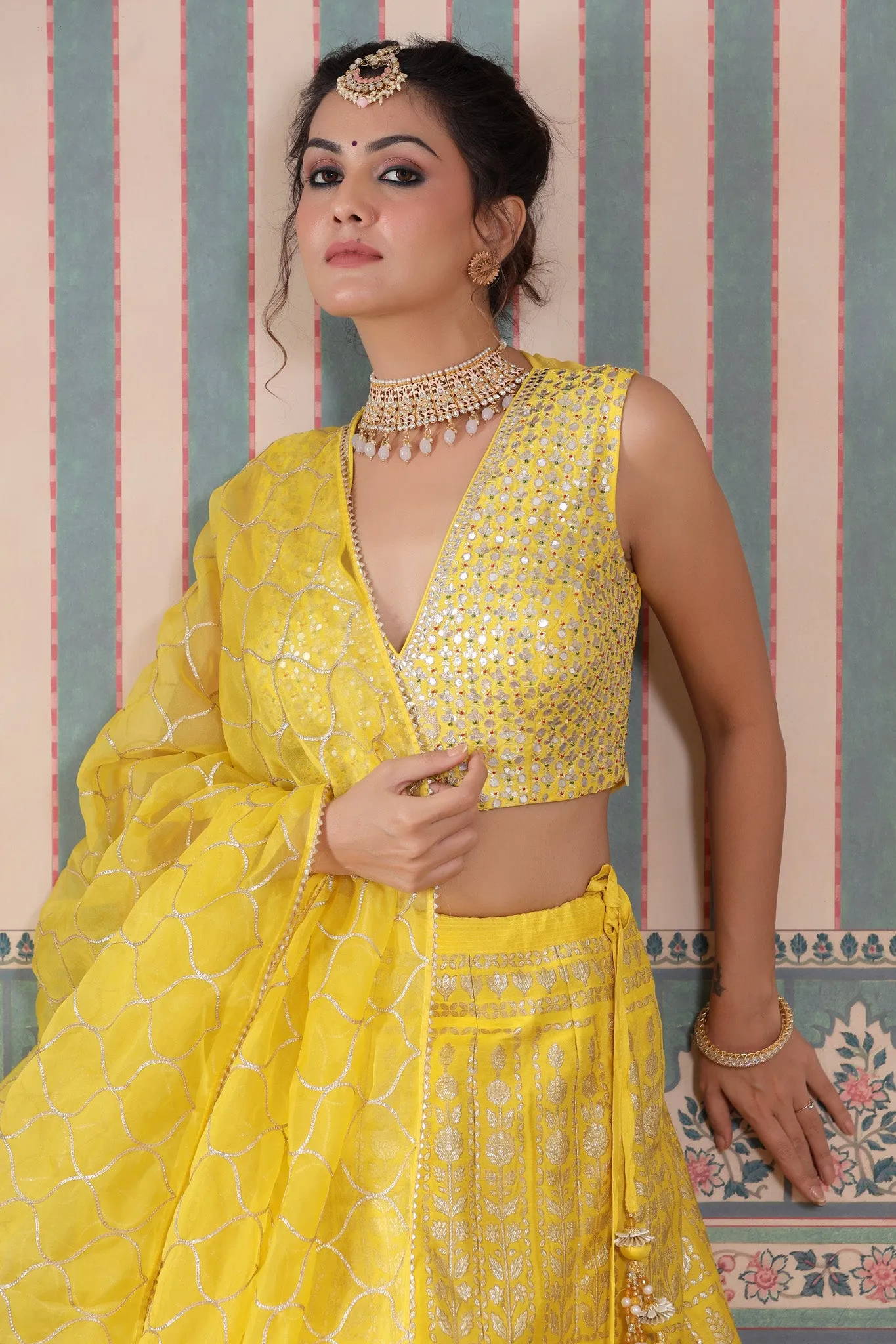 30Z239-RO Yellow Heavy Zari Embroidered Silk Lehenga Set