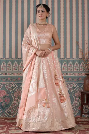 30Z242-RO Peach Floral Zari Embroidered Silk Lehenga Set