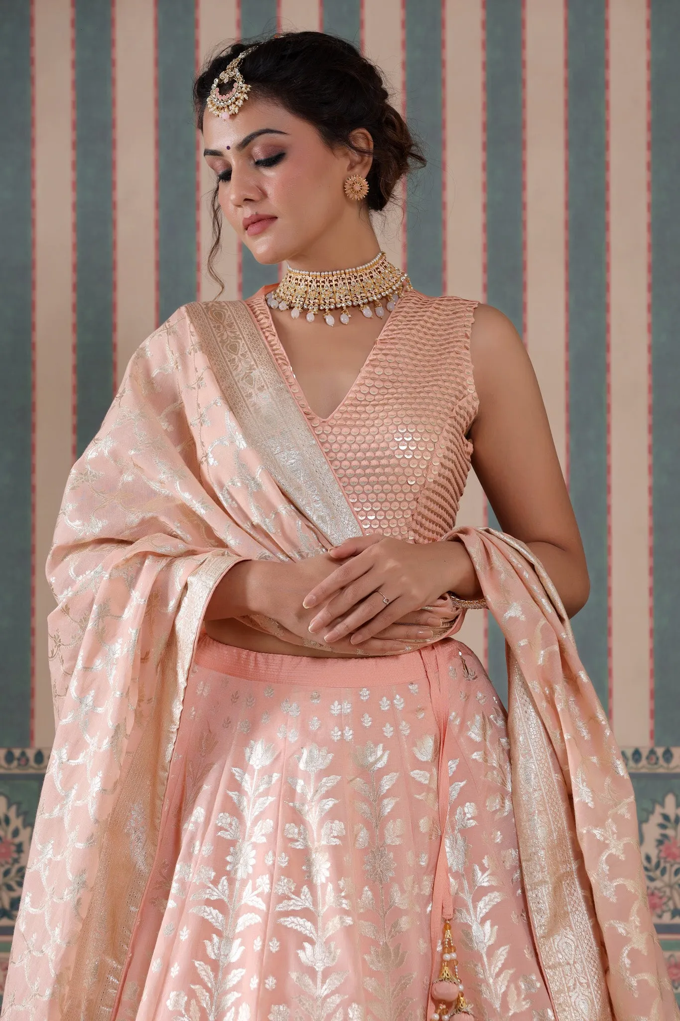 30Z242-RO Peach Floral Zari Embroidered Silk Lehenga Set