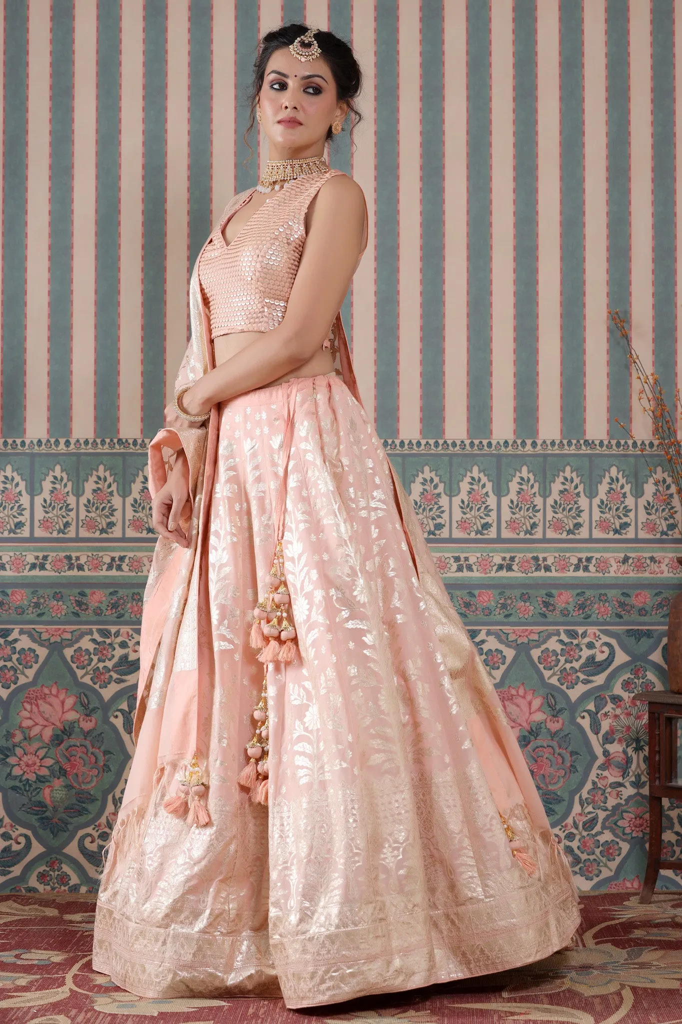 30Z242-RO Peach Floral Zari Embroidered Silk Lehenga Set