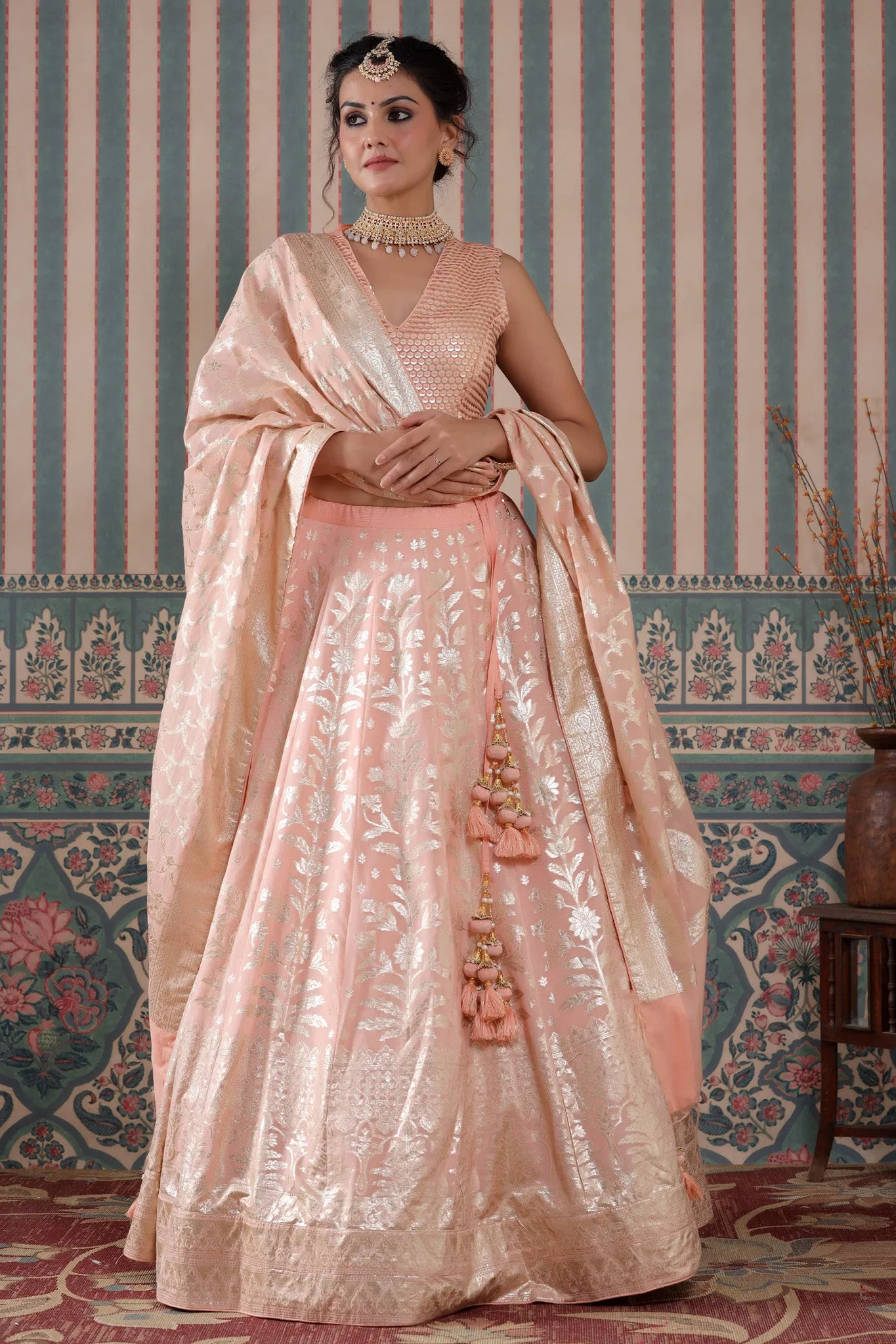 30Z242-RO Peach Floral Zari Embroidered Silk Lehenga Set