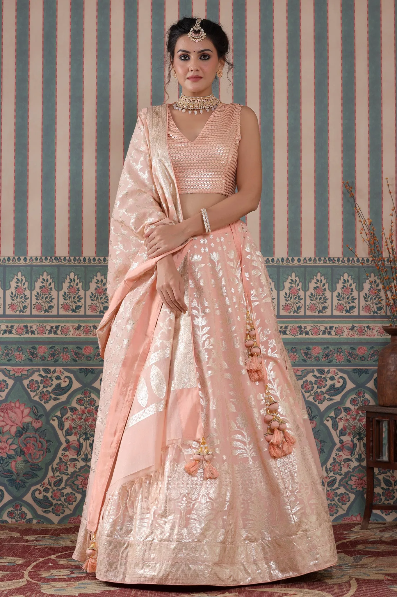 30Z242-RO Peach Floral Zari Embroidered Silk Lehenga Set