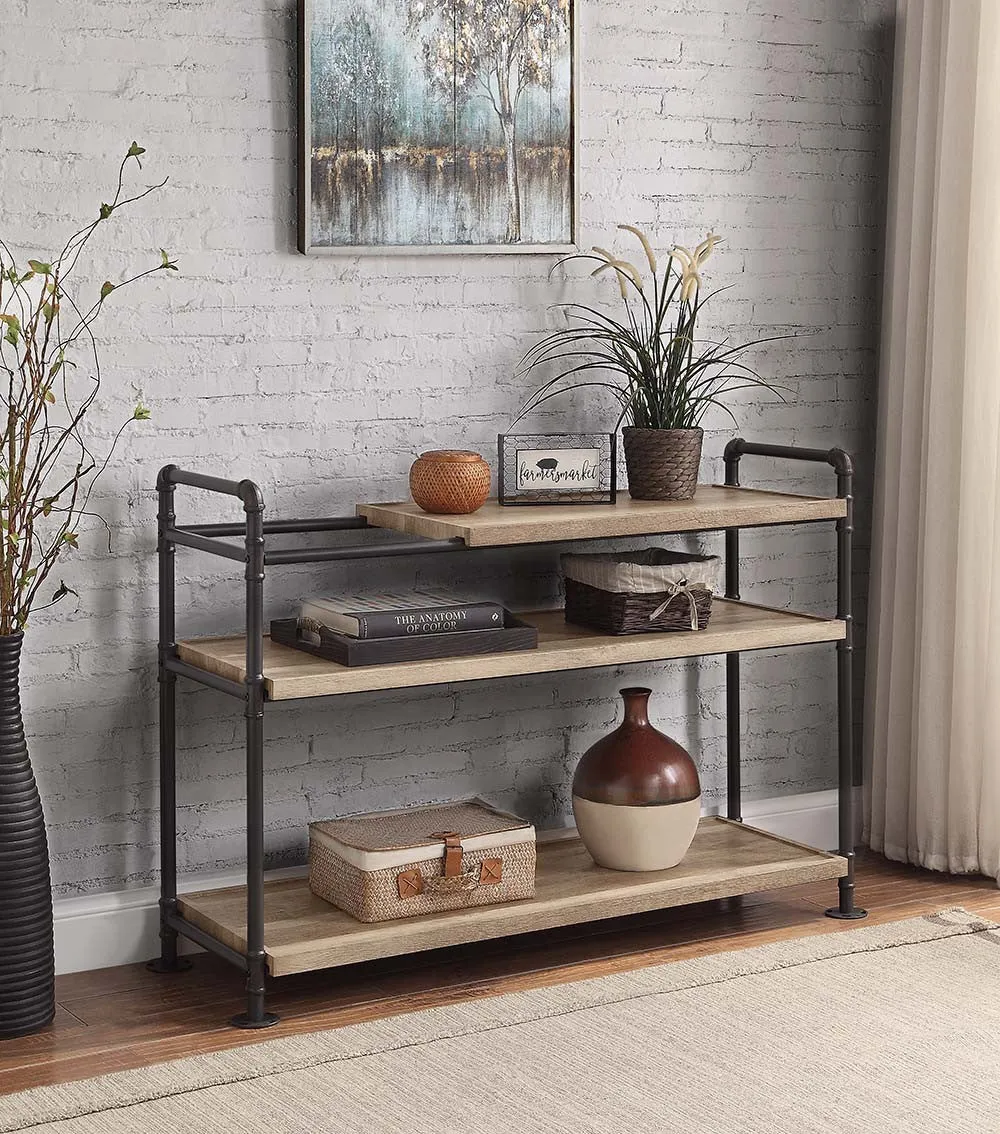 32 Brown and Black Metal Three Tier Etagere Bookcase