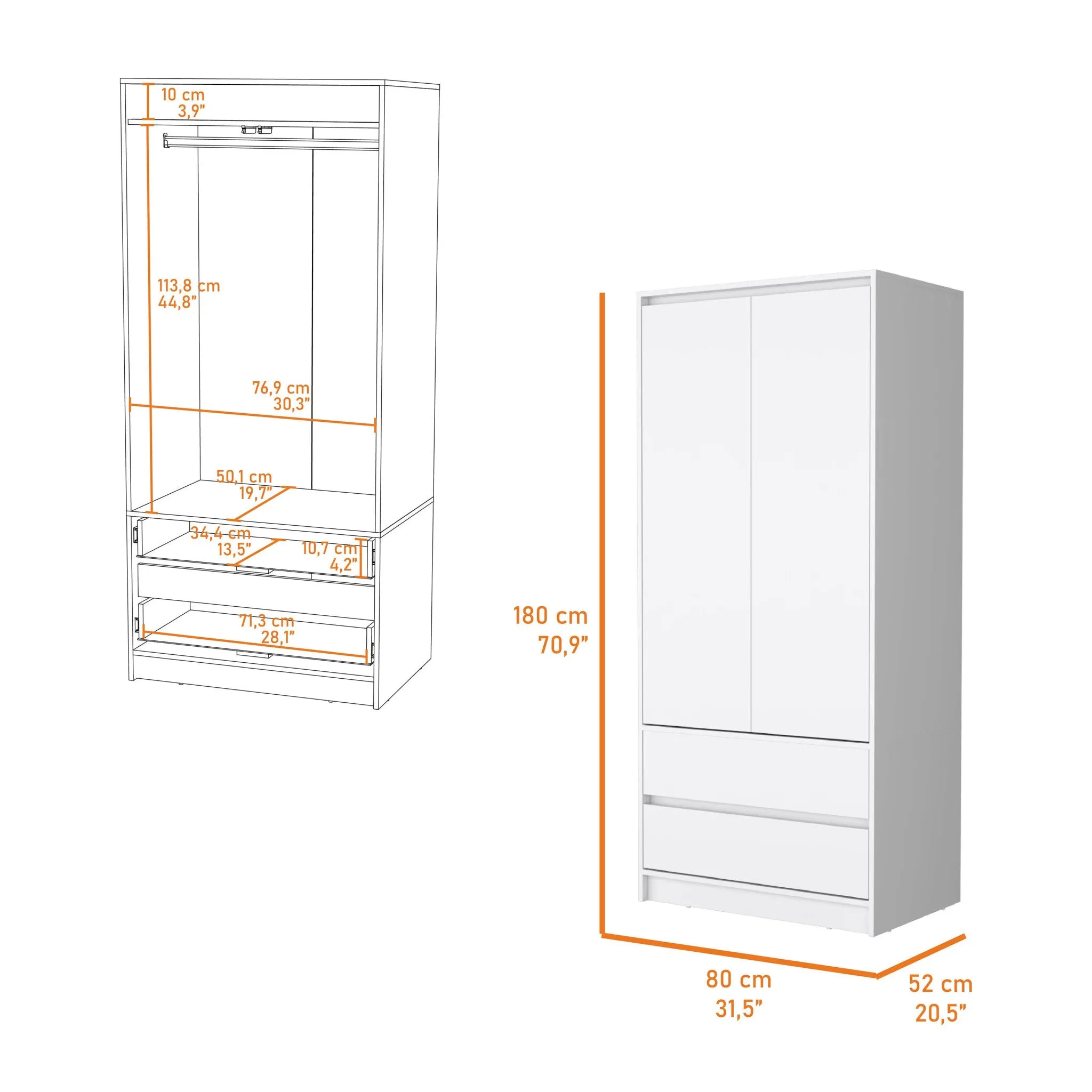 32 White Accent Cabinet Soft Close With Multiple Shelves And Two Drawers