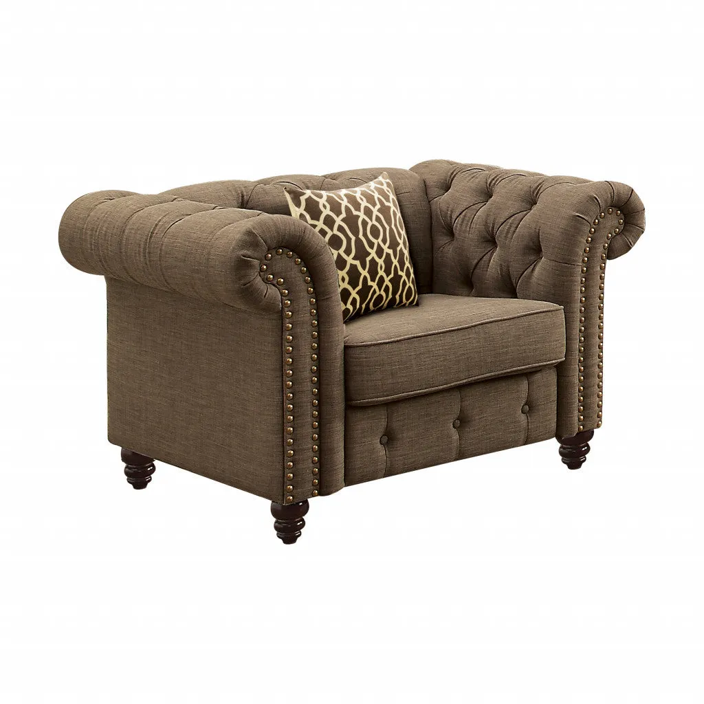 45 Brown Linen And Black Tufted Chesterfield Chair