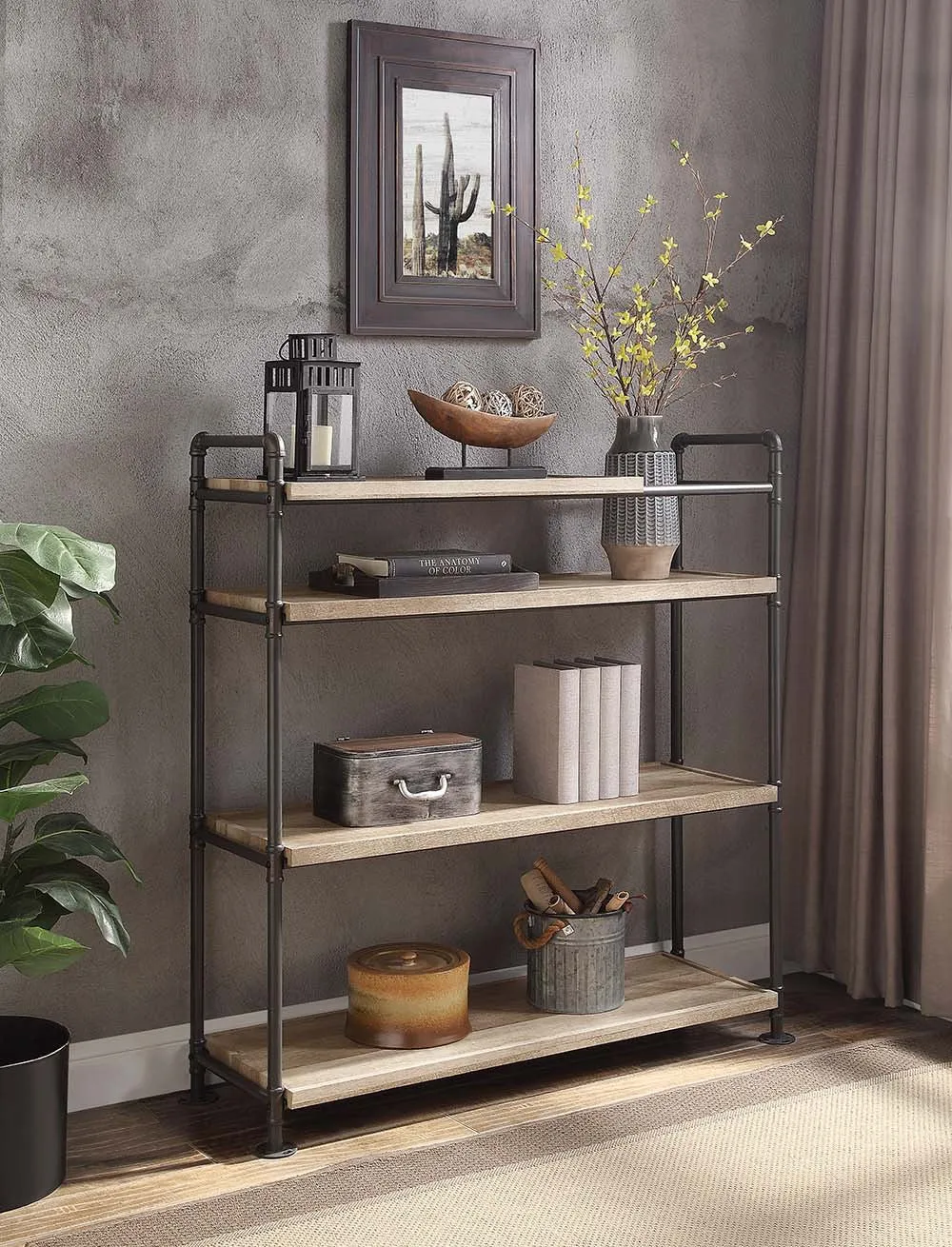 49 Brown and Black Metal Four Tier Etagere Bookcase