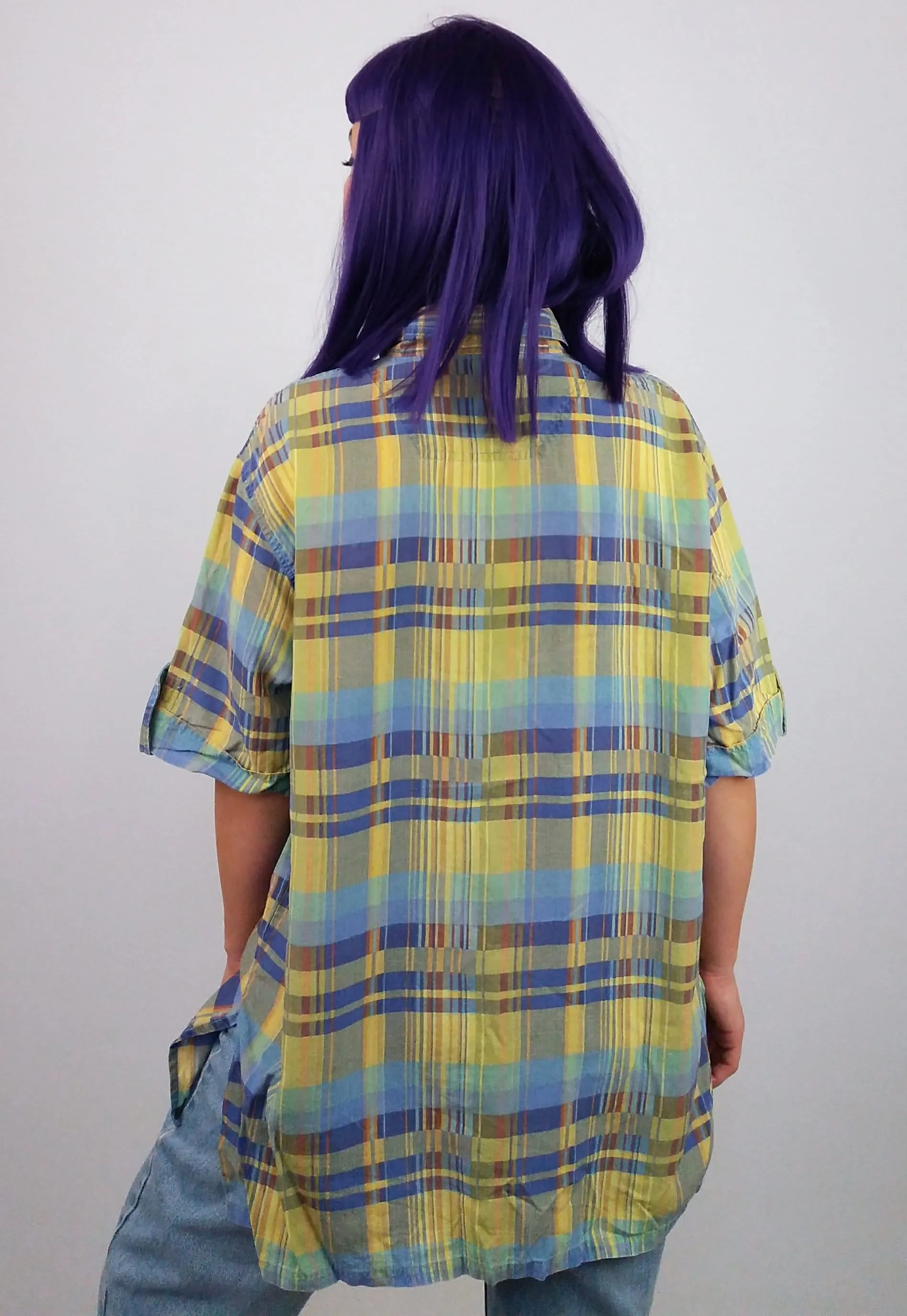 80's Retro Check Pattern Safari Blouse - M-L