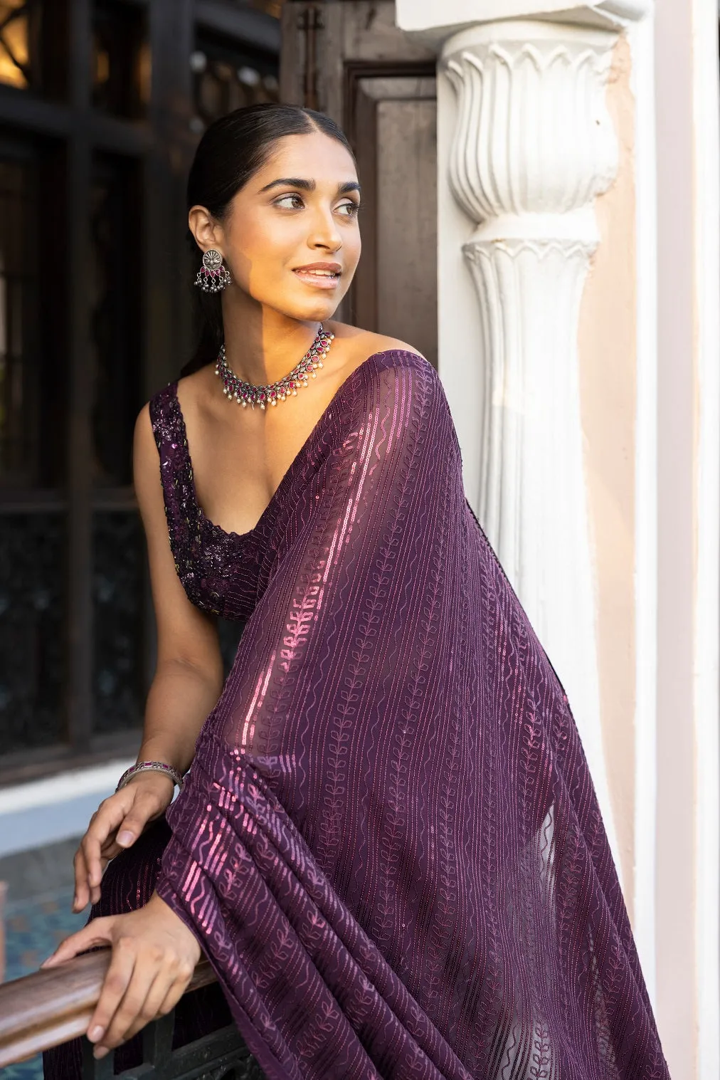 90Z272-RO Wine Sequined Embroidered Sari with Blouse