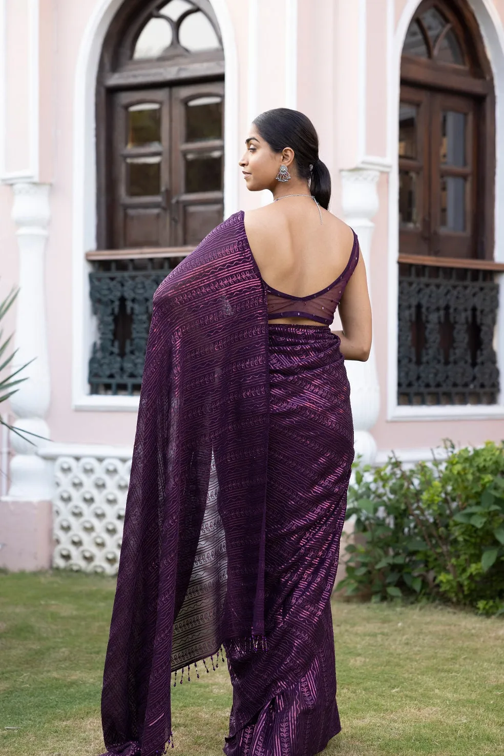 90Z272-RO Wine Sequined Embroidered Sari with Blouse