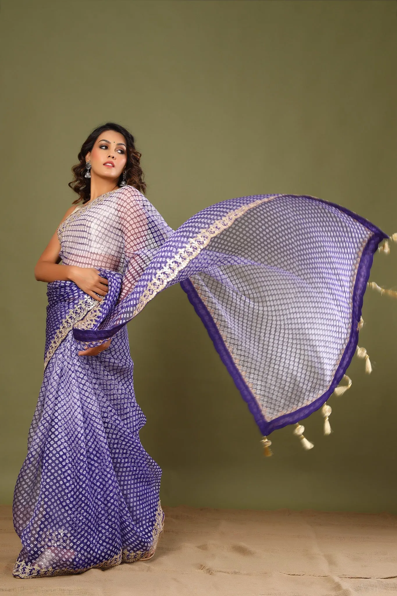 90Z462-NRO Blue Bandhej Embroidered Organza Sari