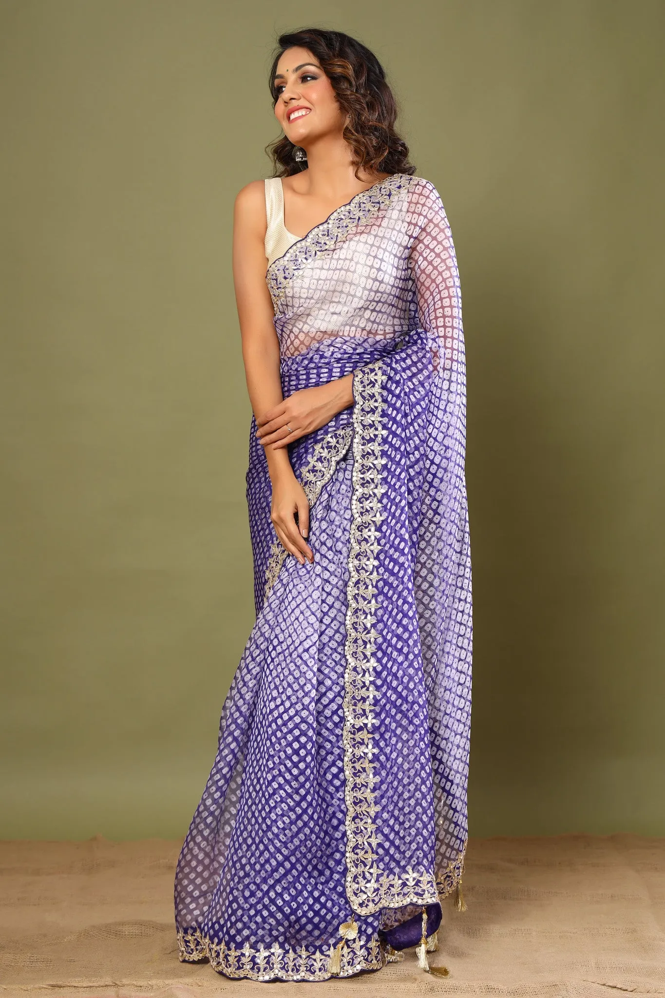 90Z462-NRO Blue Bandhej Embroidered Organza Sari