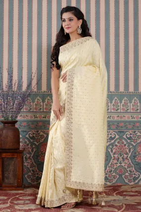 90Z584-NRO Lemon Yellow Organza Silk Sari with Embroidered Border