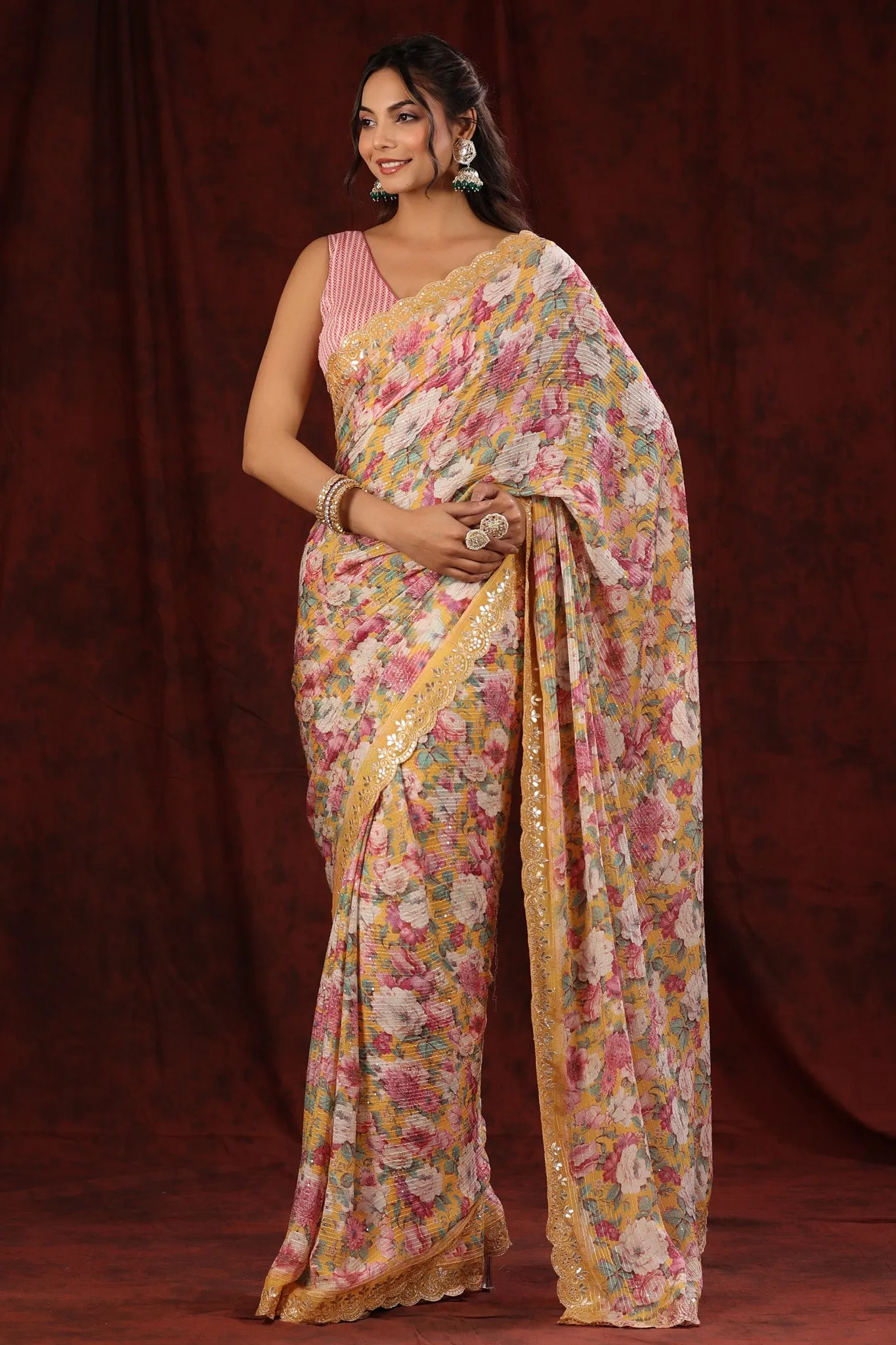 90Z709-NRO Yellow Floral Crepe Saree with Embroidered Border