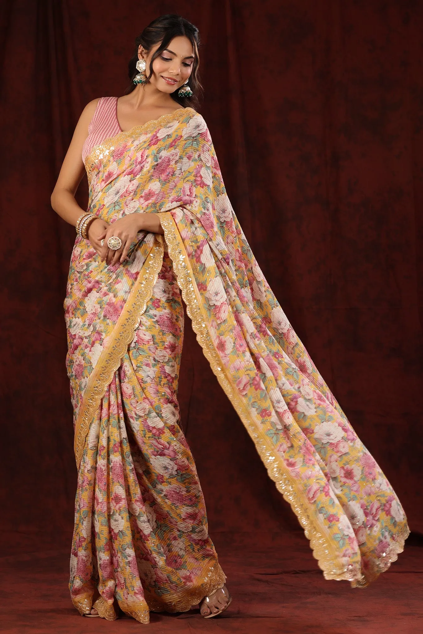 90Z709-NRO Yellow Floral Crepe Saree with Embroidered Border