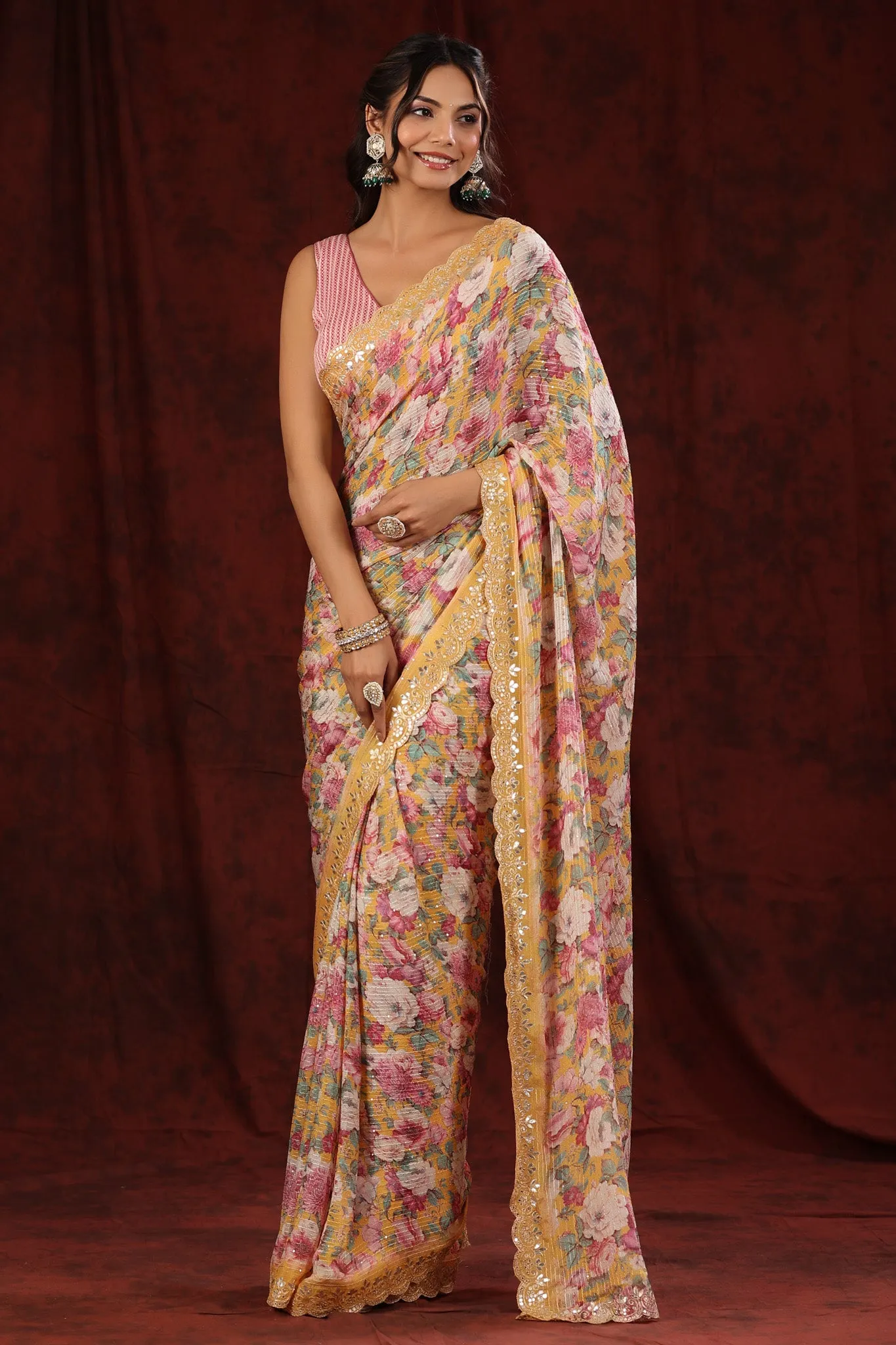 90Z709-NRO Yellow Floral Crepe Saree with Embroidered Border