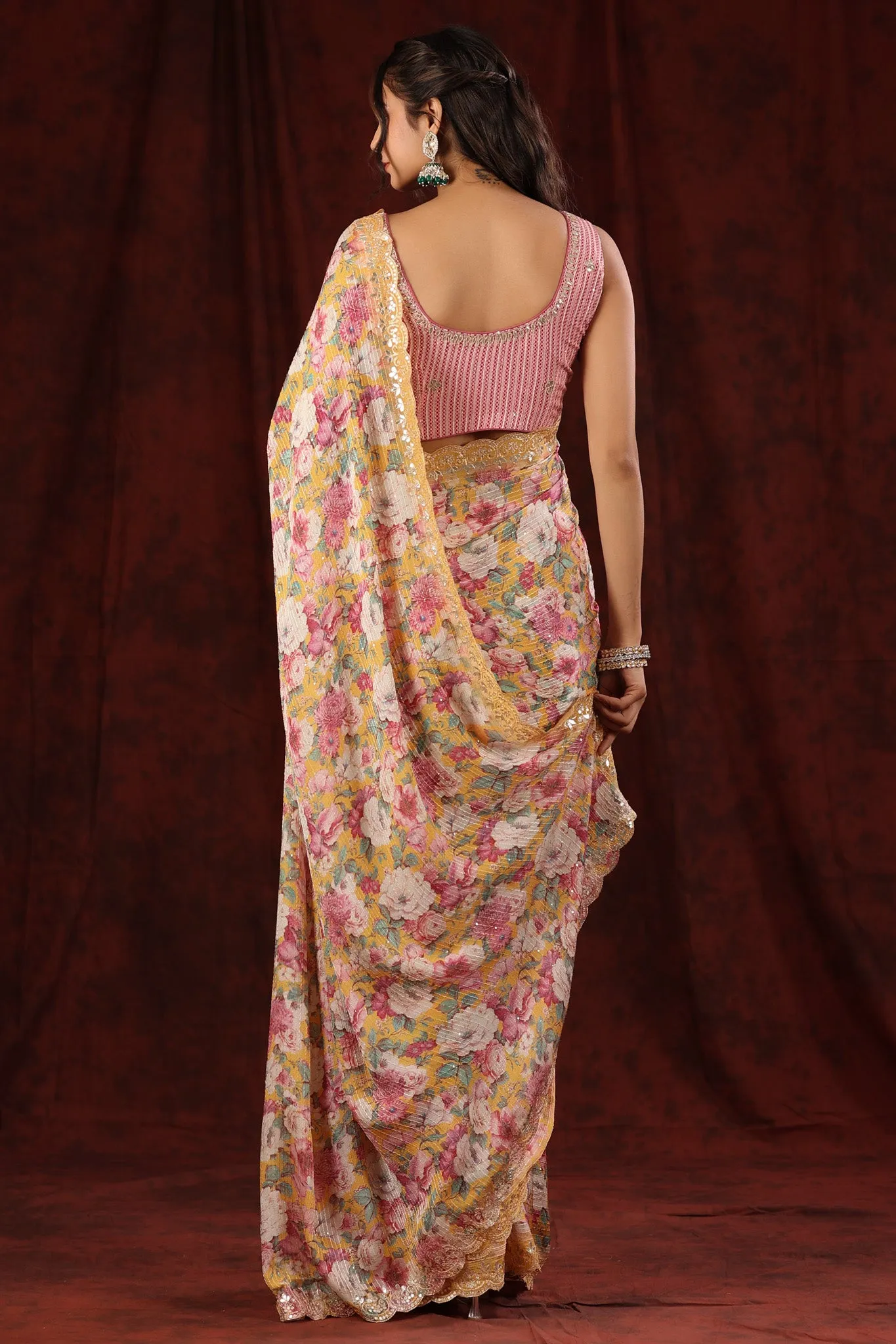 90Z709-NRO Yellow Floral Crepe Saree with Embroidered Border