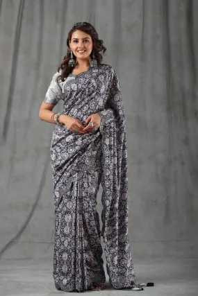 90Z799-RO Dark Grey Floral Print Crepe Saree with Scalloped Border