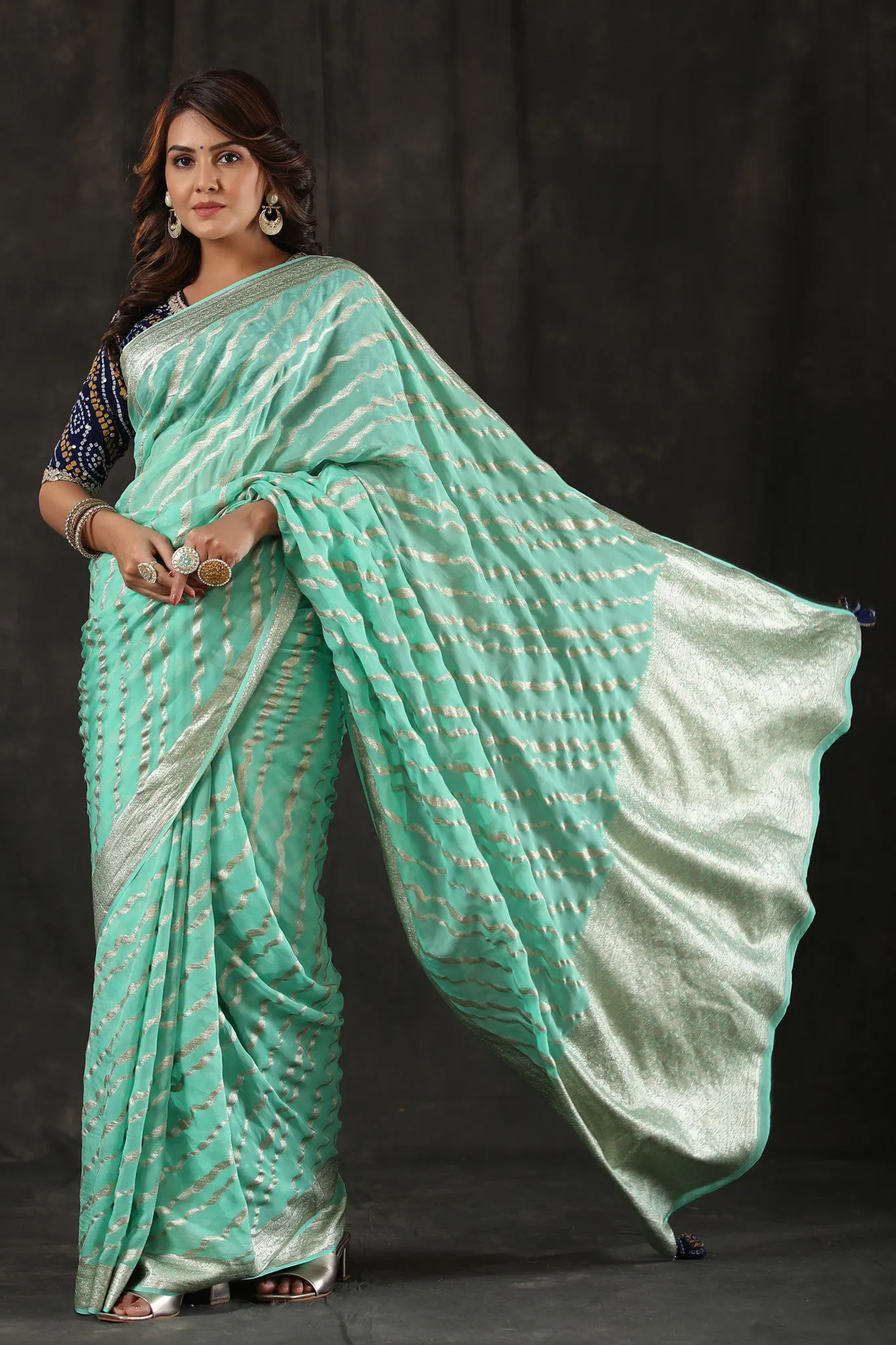 90Z816-RO Mint Green Georgette Banarasi Saree with Zari Stripes