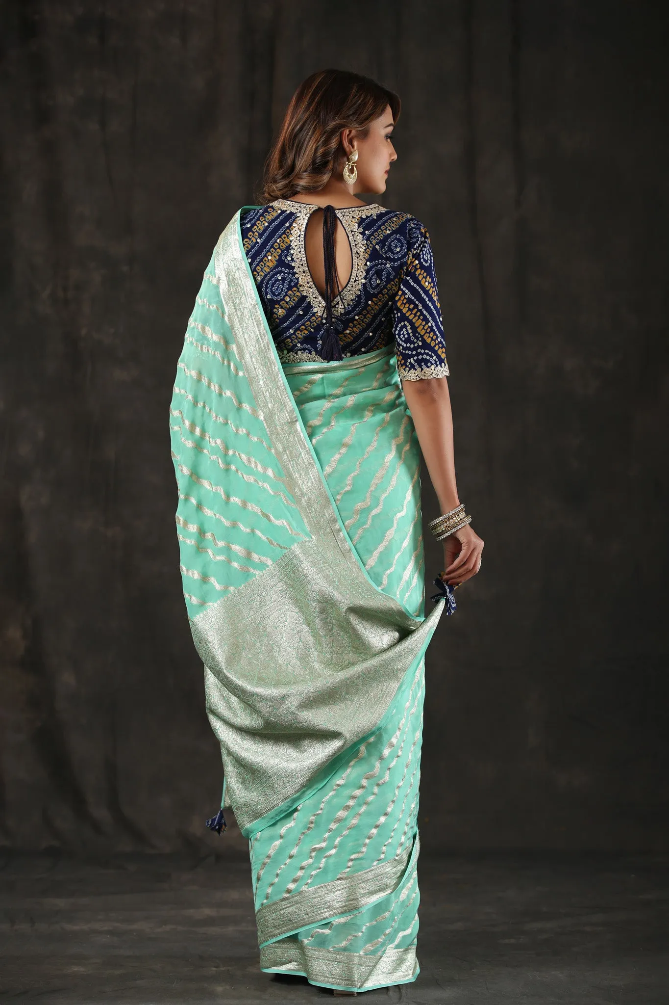 90Z816-RO Mint Green Georgette Banarasi Saree with Zari Stripes