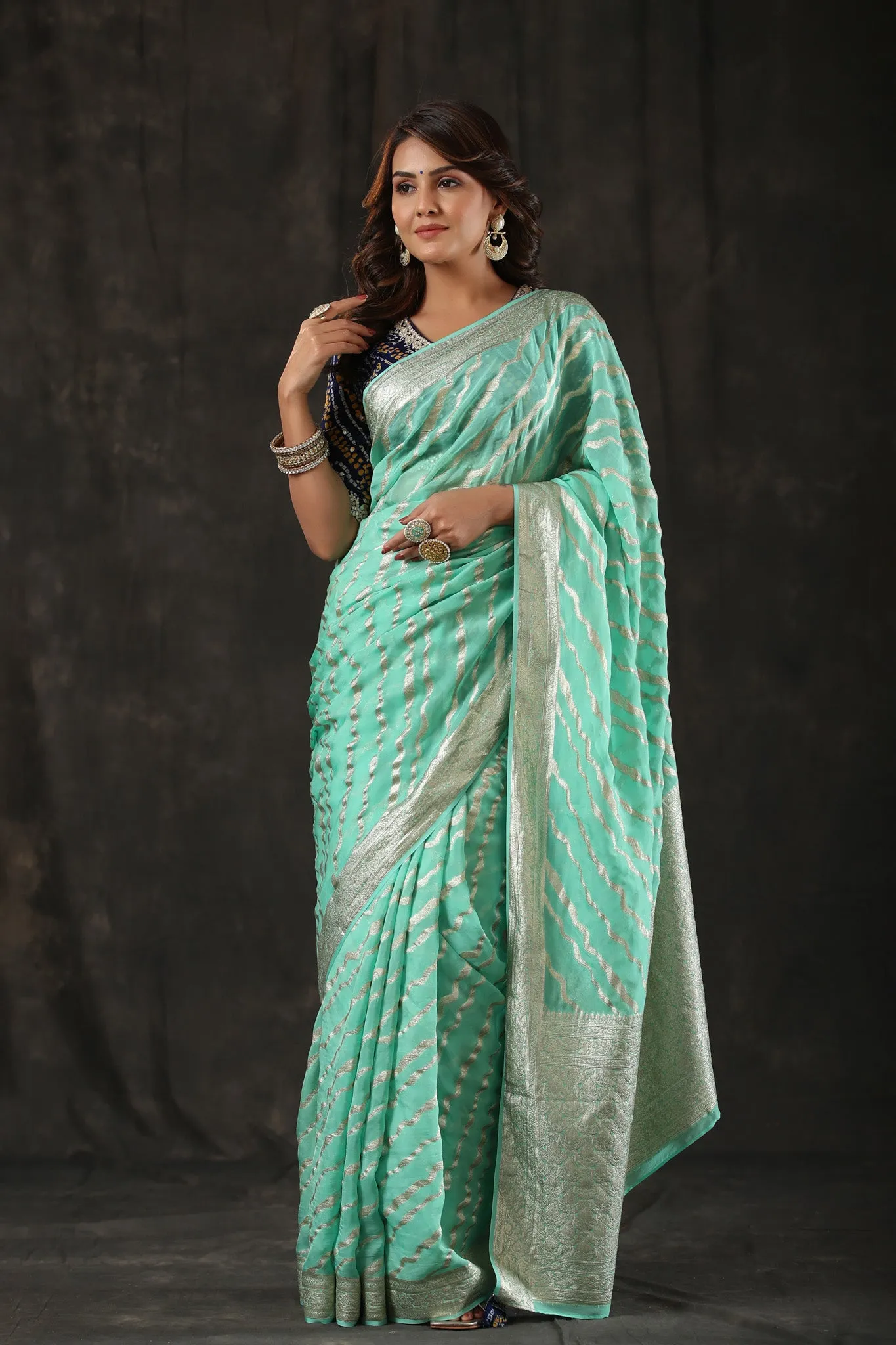 90Z816-RO Mint Green Georgette Banarasi Saree with Zari Stripes