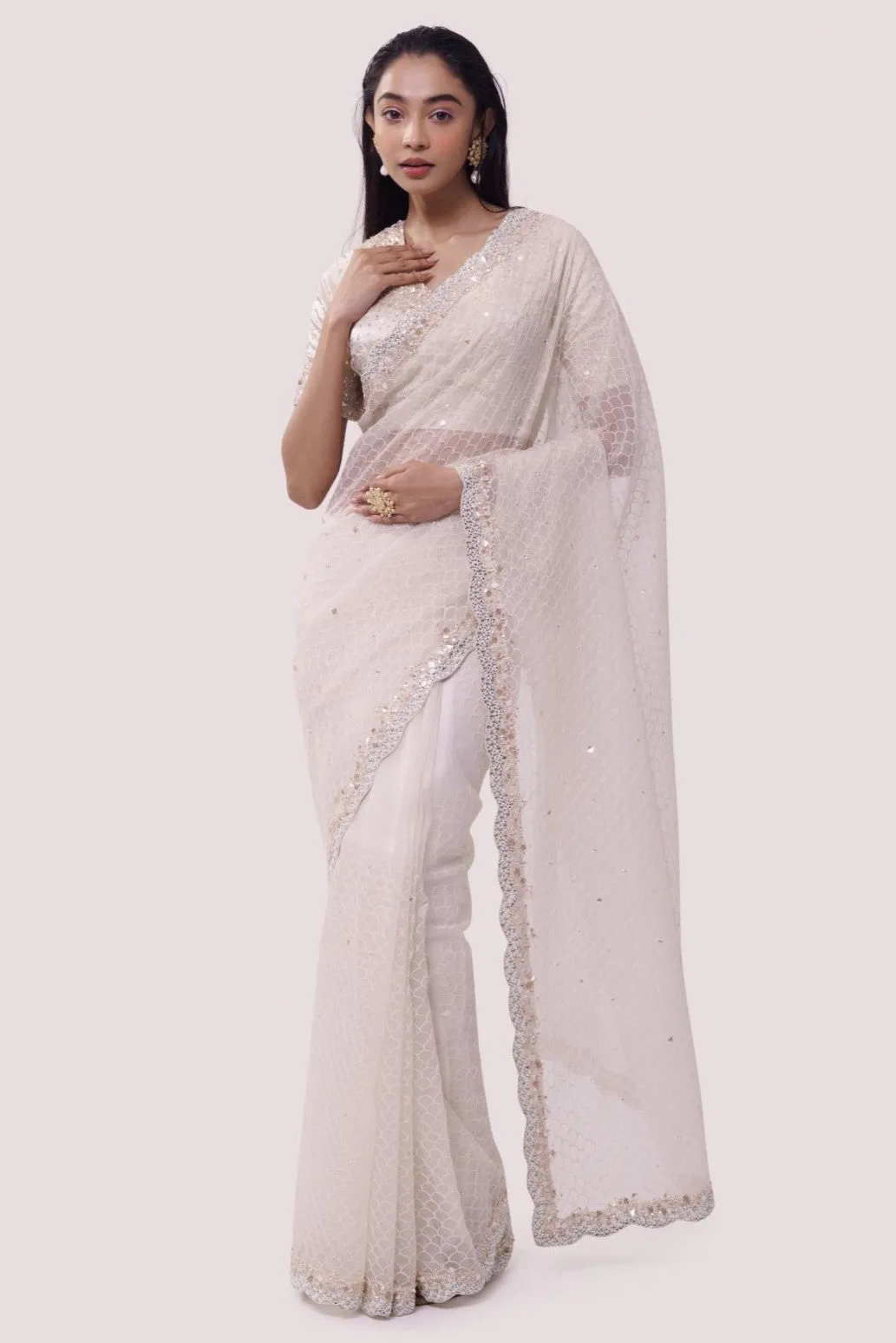 90Z844-RO Off White Organza Saree with Blouse