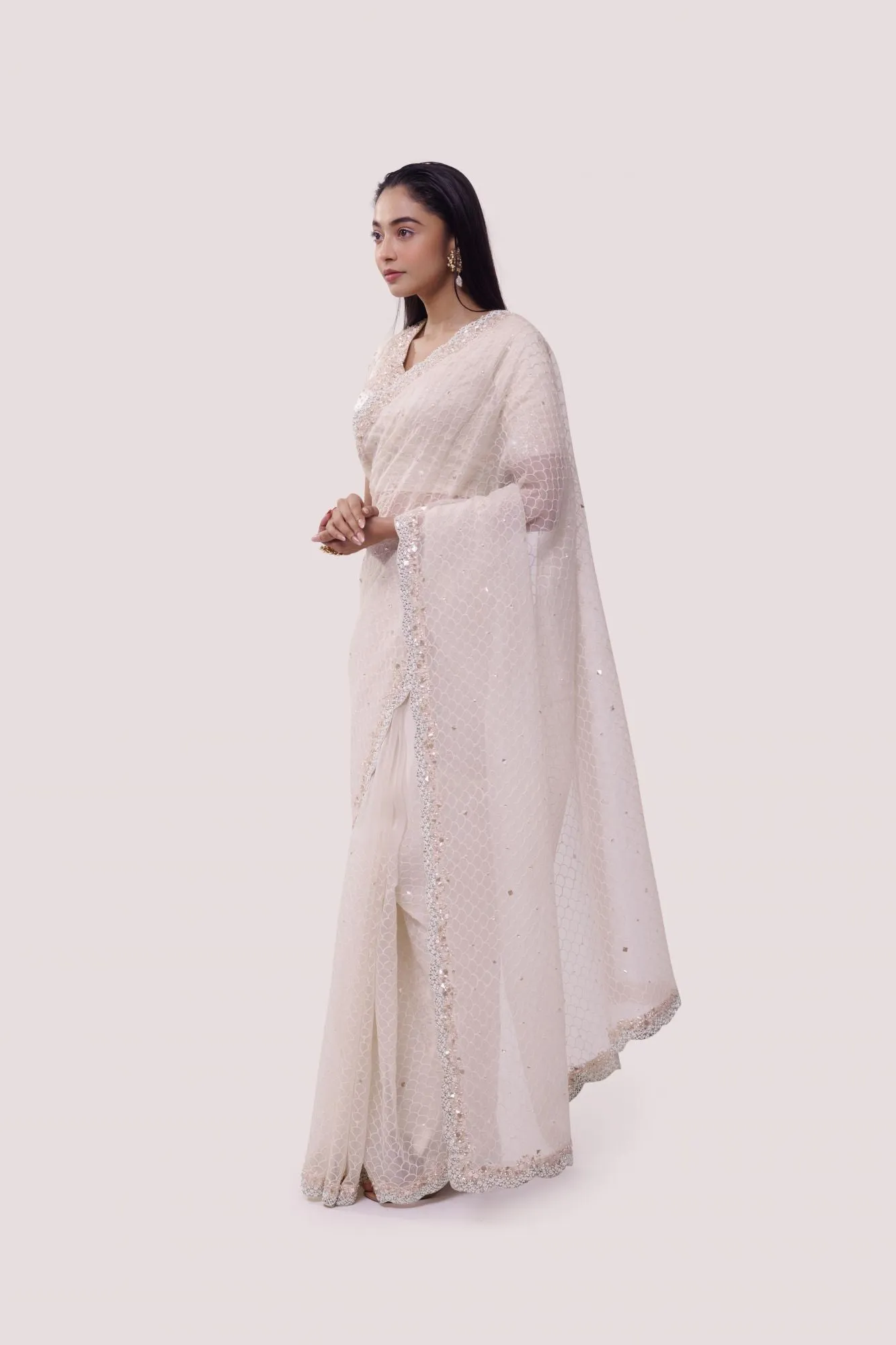 90Z844-RO Off White Organza Saree with Blouse