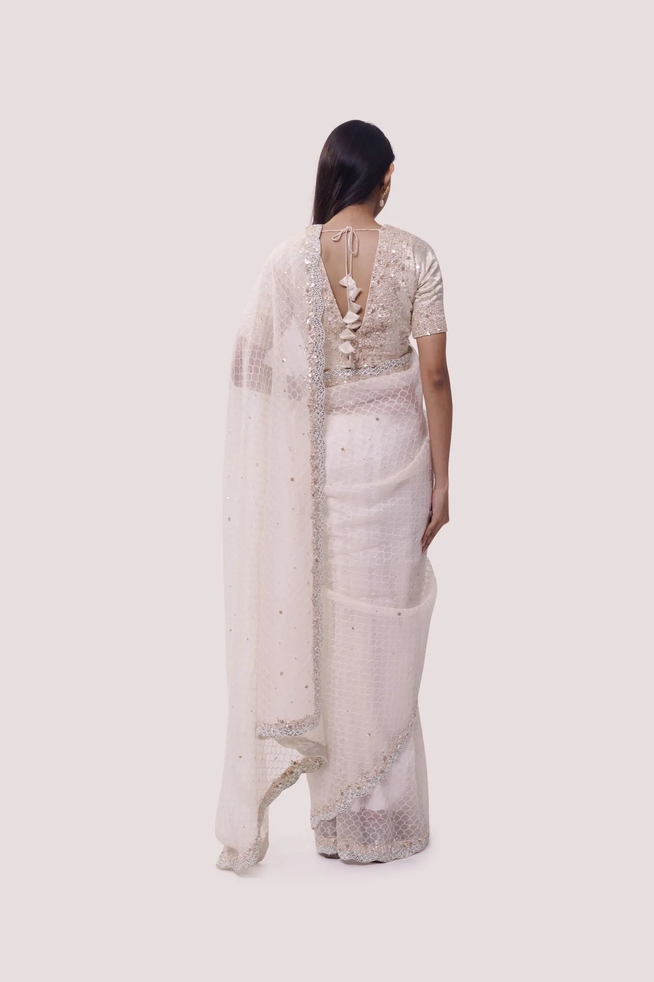 90Z844-RO Off White Organza Saree with Blouse