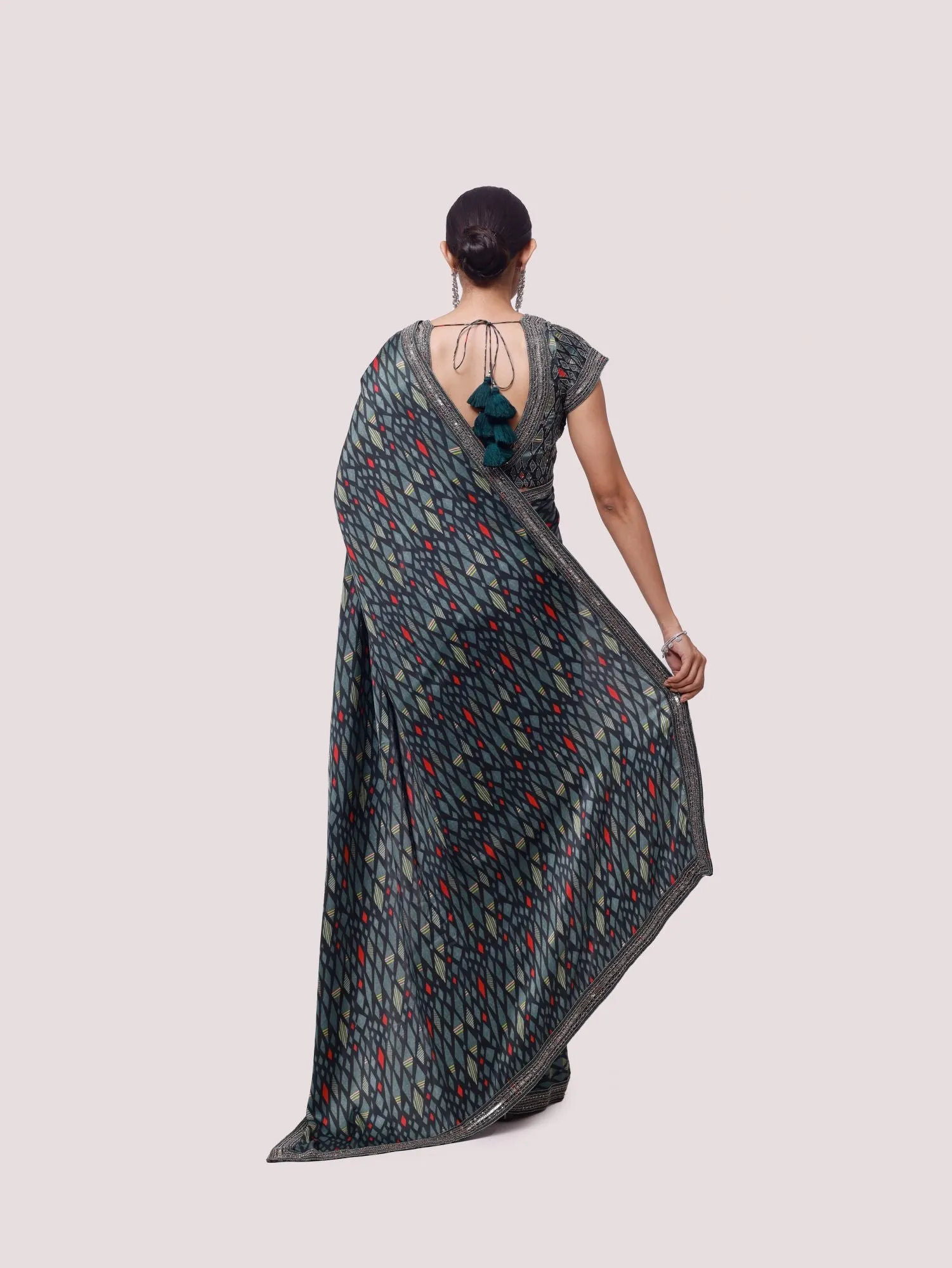 90Z849-RO Green Diamond Pattern Printed Saree with Blouse