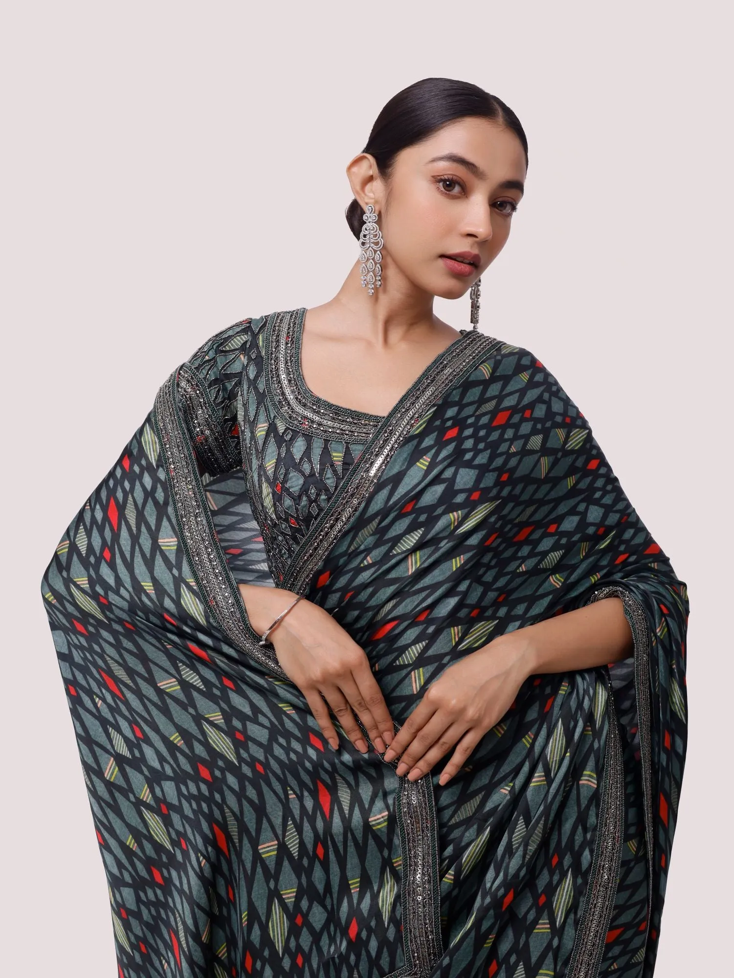 90Z849-RO Green Diamond Pattern Printed Saree with Blouse