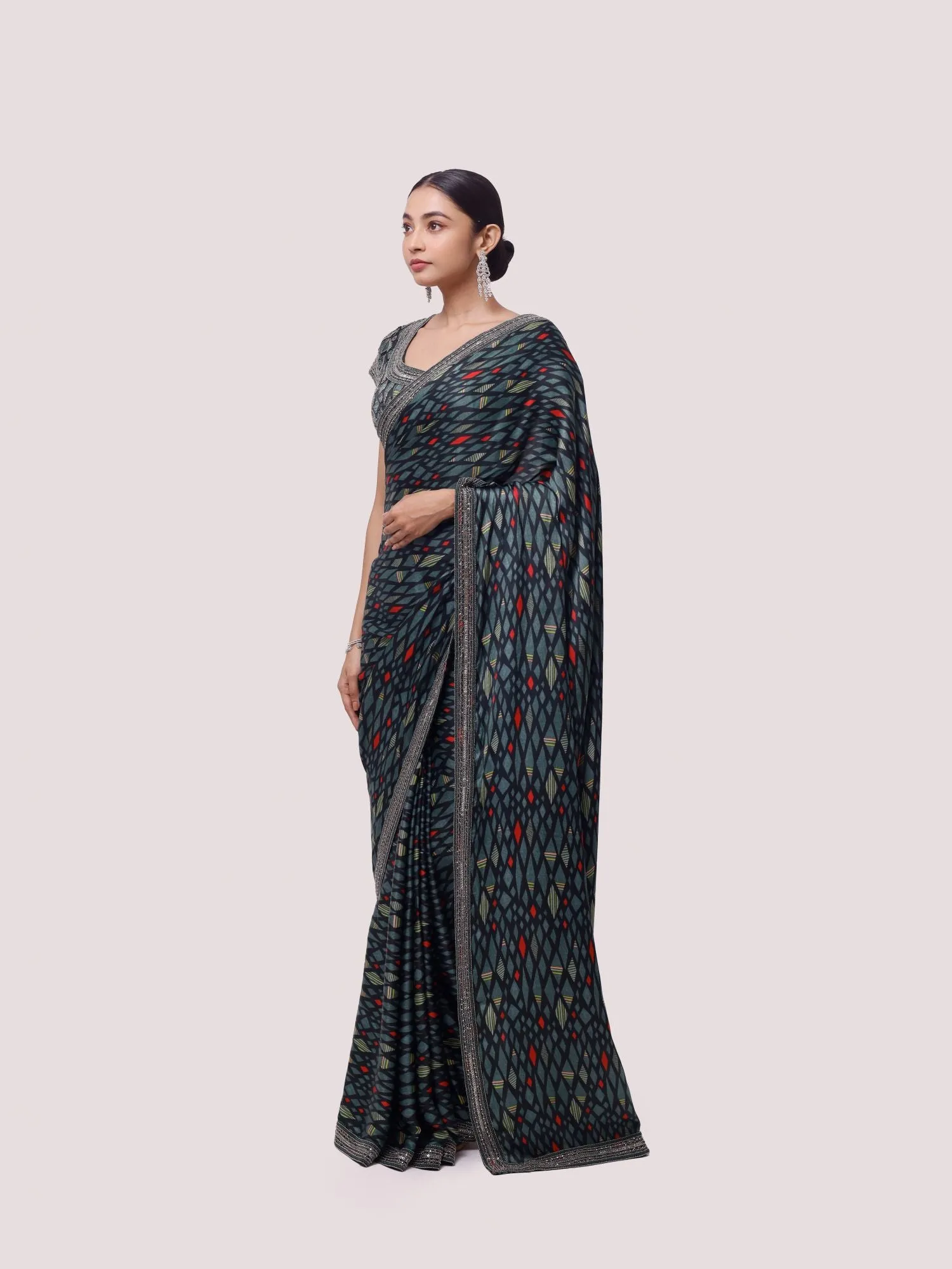 90Z849-RO Green Diamond Pattern Printed Saree with Blouse