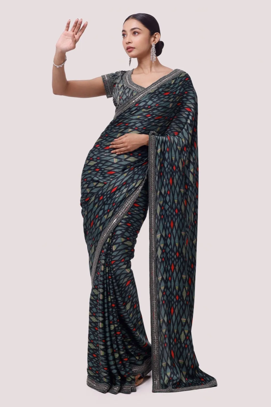 90Z849-RO Green Diamond Pattern Printed Saree with Blouse