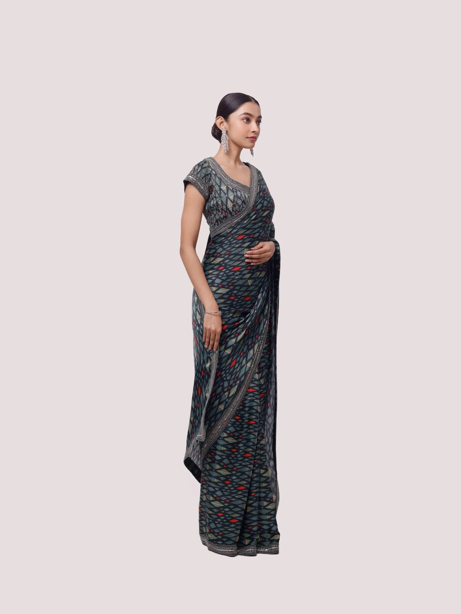 90Z849-RO Green Diamond Pattern Printed Saree with Blouse