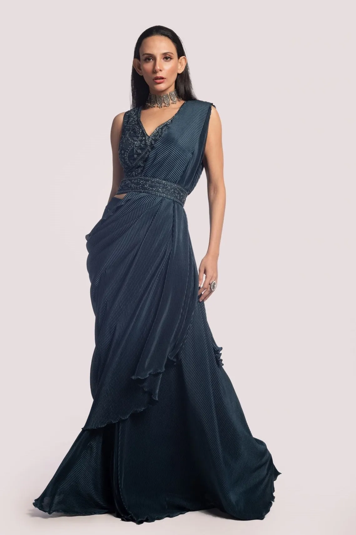 90Z883-RO Blue Mirror Work Drape Saree Set